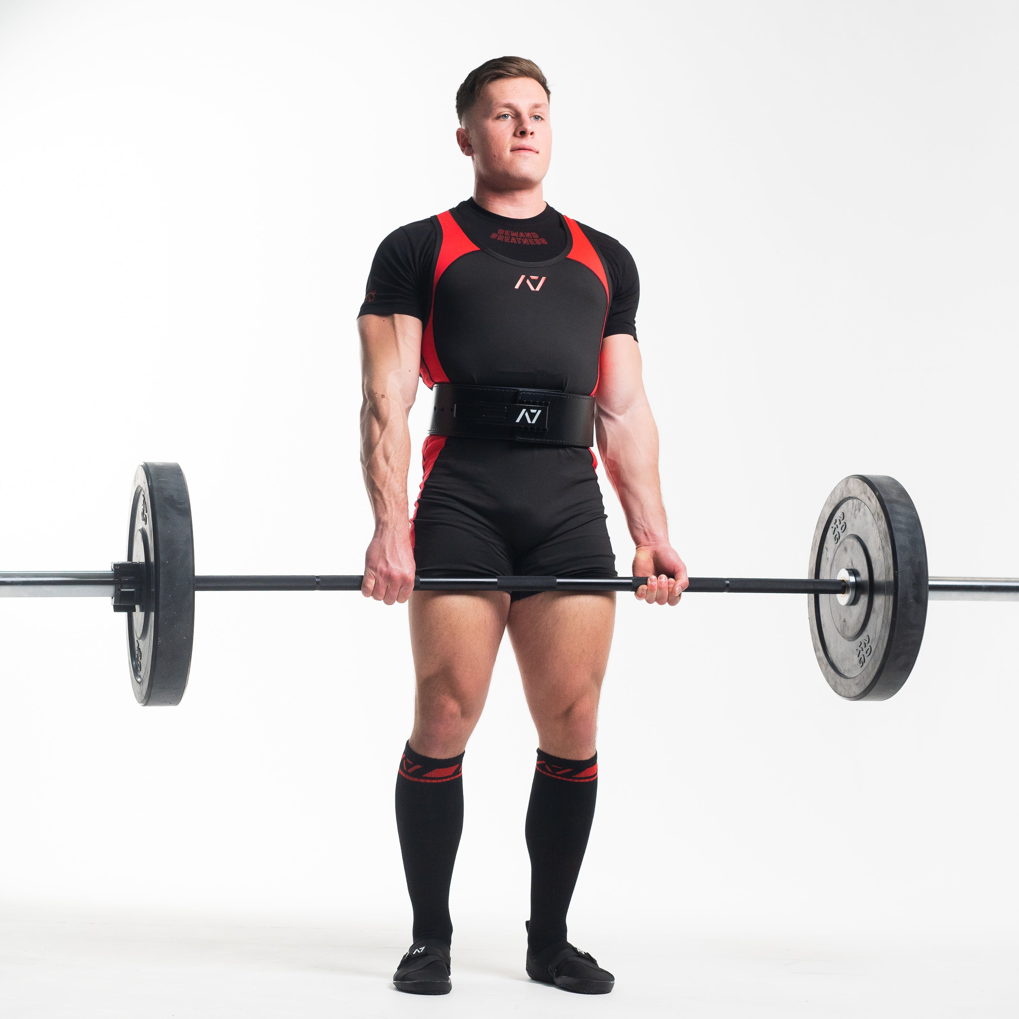 Front view of A7 Deadlift Socks – Red Dawn, displaying knee‑high length and ribbed cuff design.