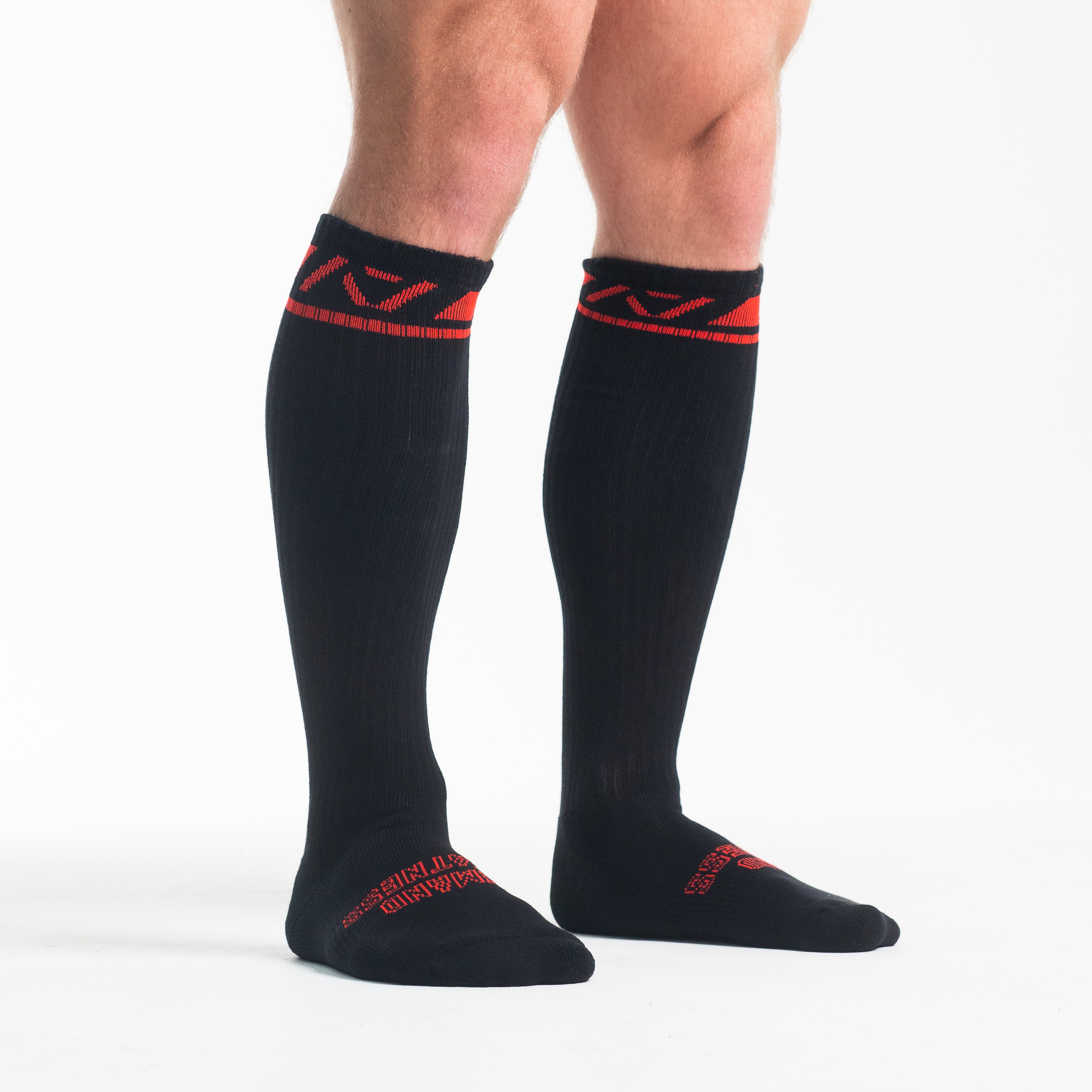 Side profile of A7 Deadlift Socks – Red Dawn, highlighting the A7 ankle logo and compression fit.