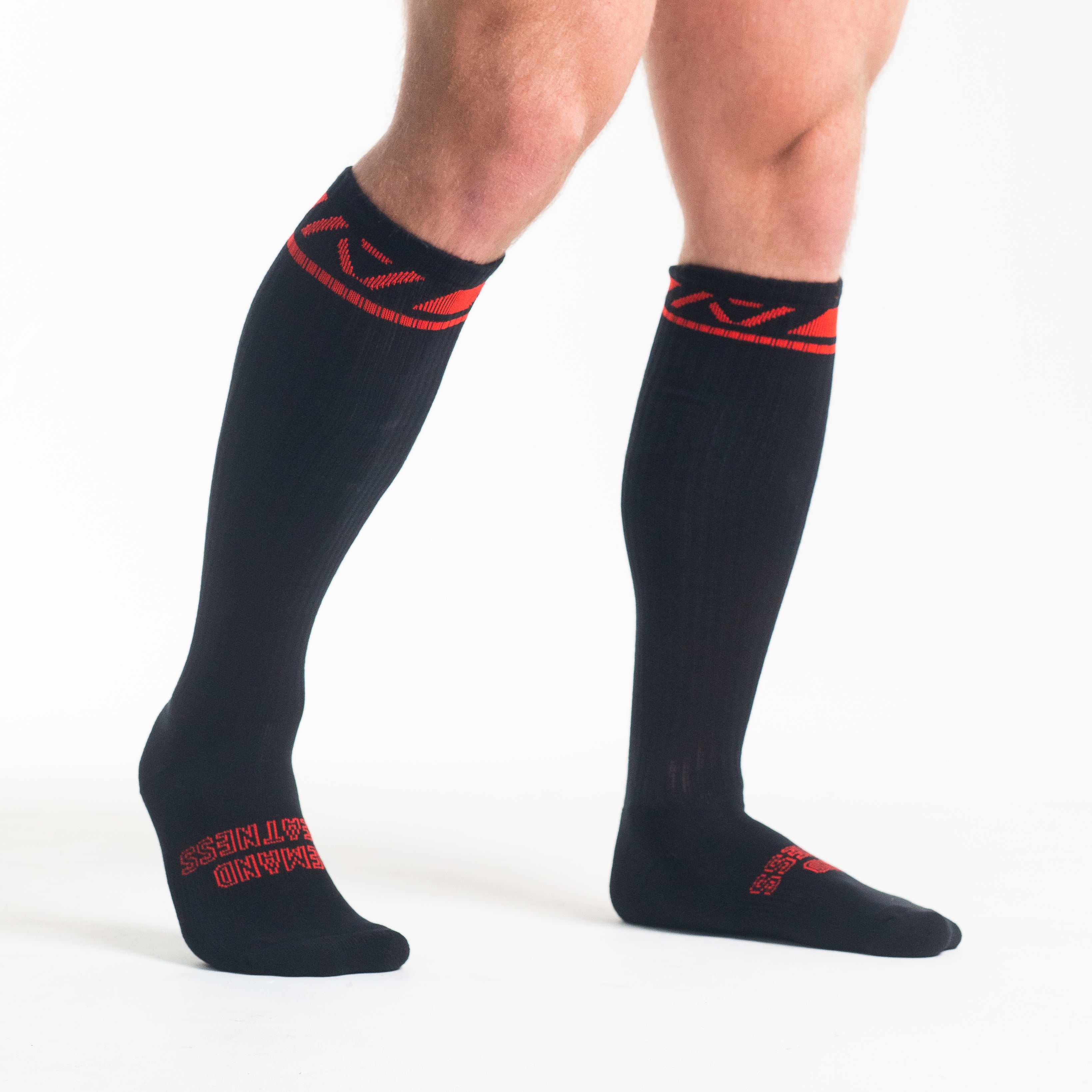 Side profile of A7 Deadlift Socks – Red Dawn, highlighting the A7 ankle logo and compression fit.