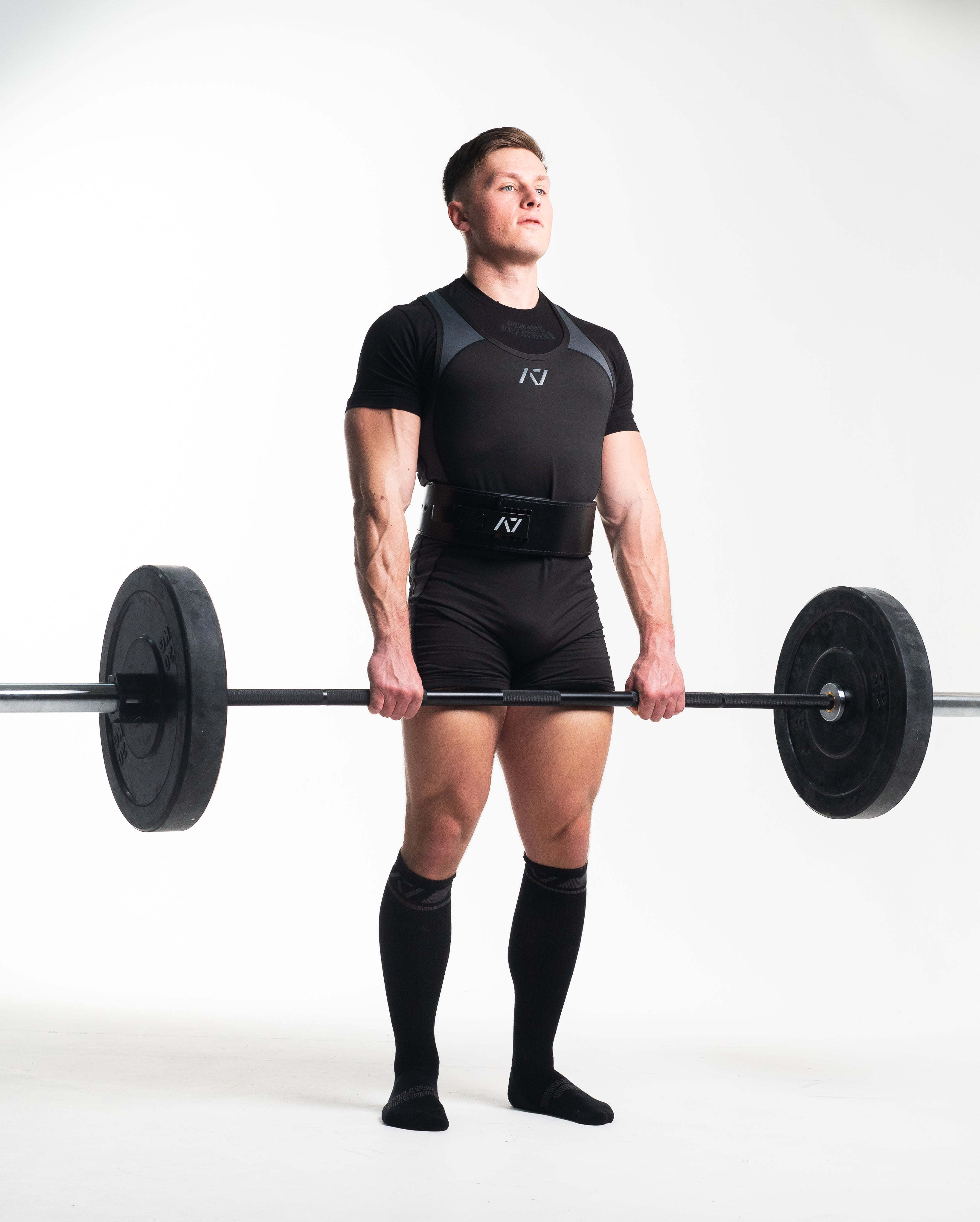 Front view of A7 Deadlift Socks – Shadow Stone featuring mid‑shin length and ribbed cuff design.