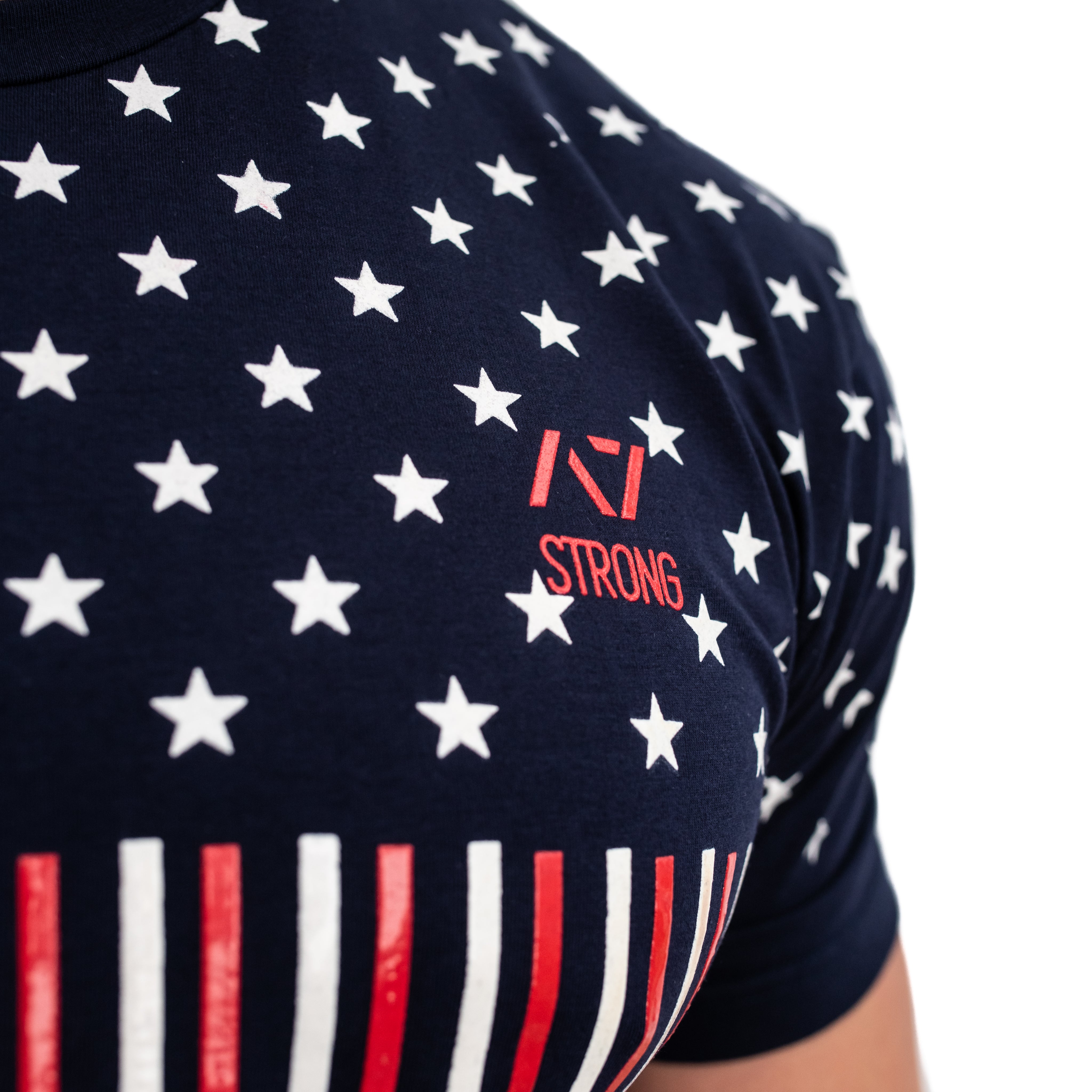 Close-up of Bar Grip print and textured grip surface on the Americana Strongman Shirt, highlighting the patriotic design and functional strongman grip placement.