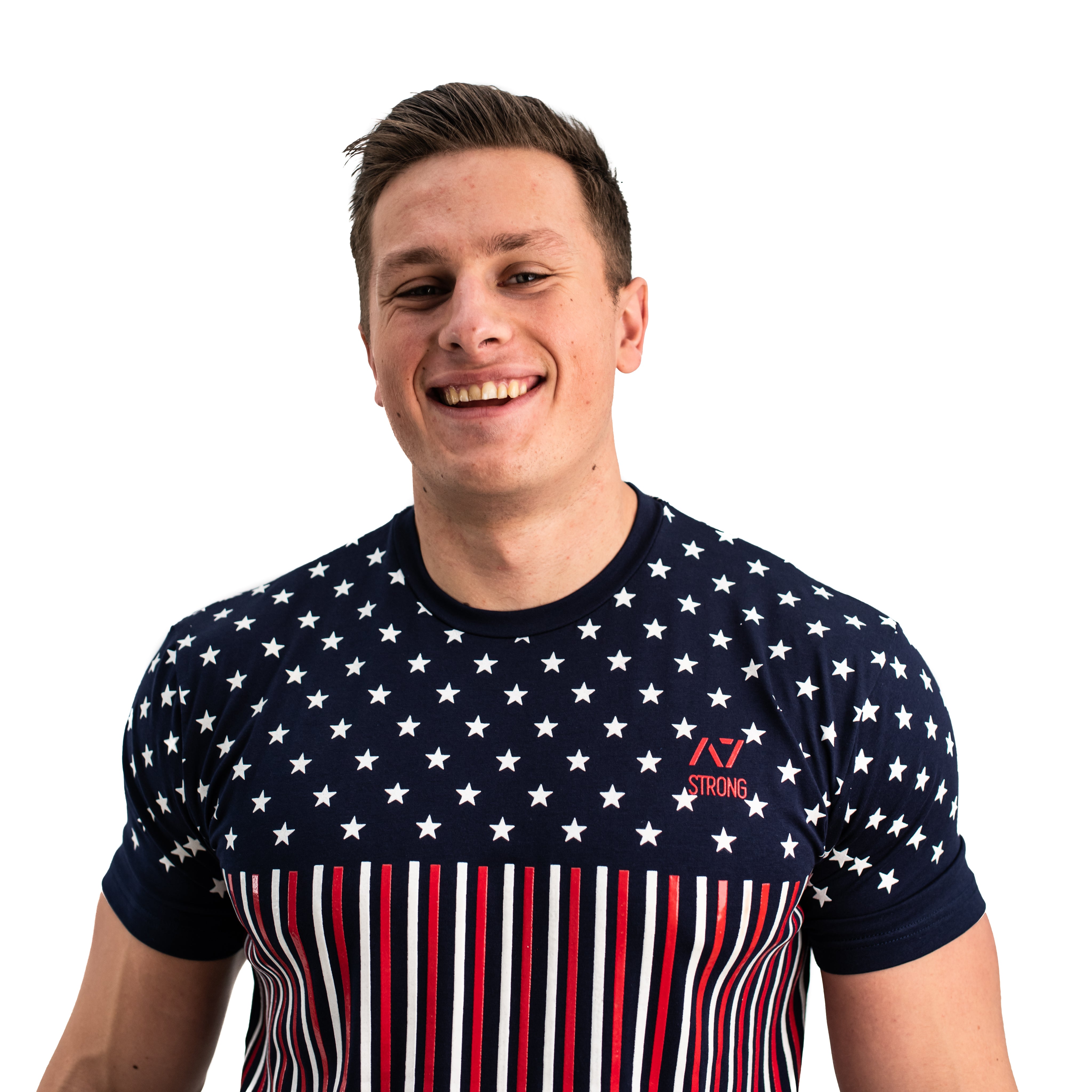 Front view of Americana Strongman Bar Grip Men's Shirt featuring patriotic design and full front grip.