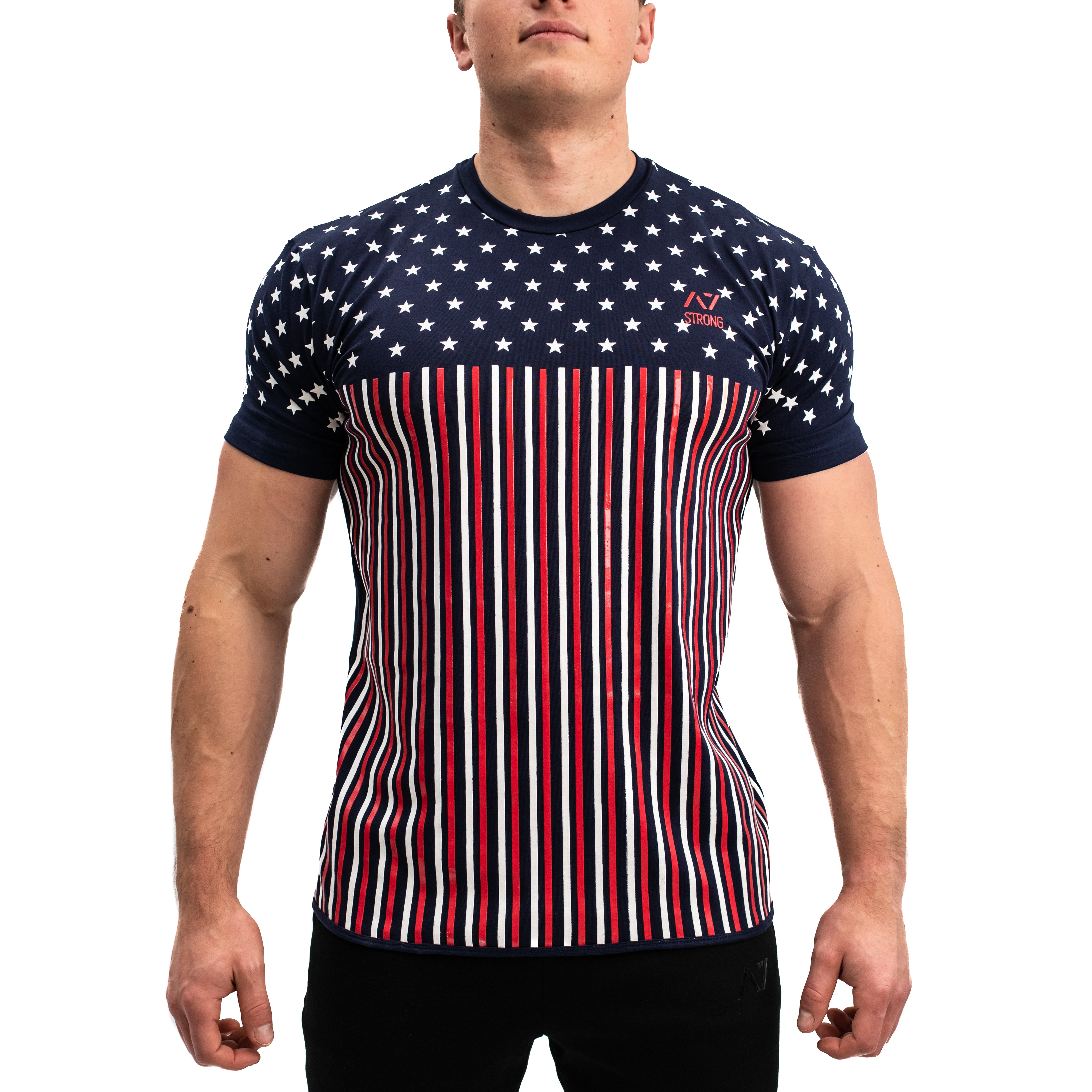 Front view of Americana Strongman Bar Grip Men's Shirt featuring patriotic design and full front grip.