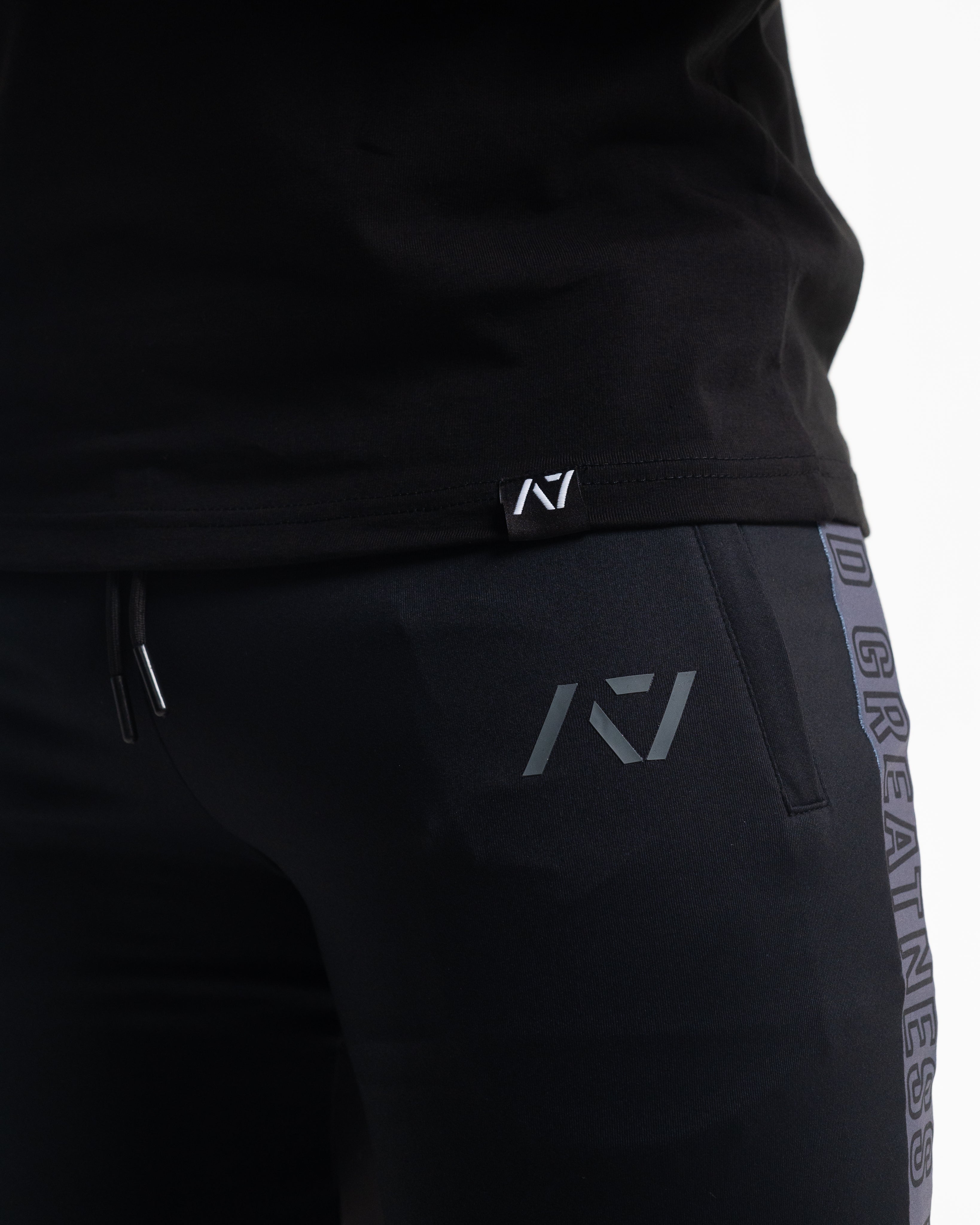 Close up of shadow stone A7 logo on defy joggers