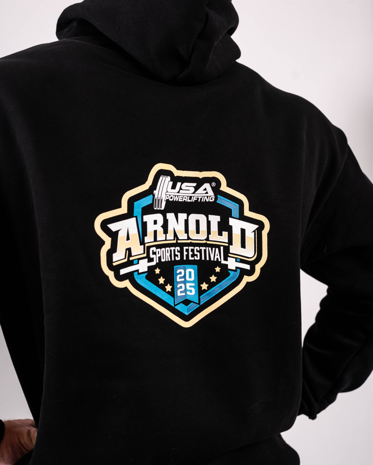 Back view of 2025 USAPL Arnold Hoodie featuring official Arnold Festival and USAPL artwork.