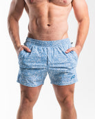 Front view of A7 360Go 1Z KWD Shorts in Slate Blue, showing clean athletic fit, built-in liner, and matte silicone A7 logo.