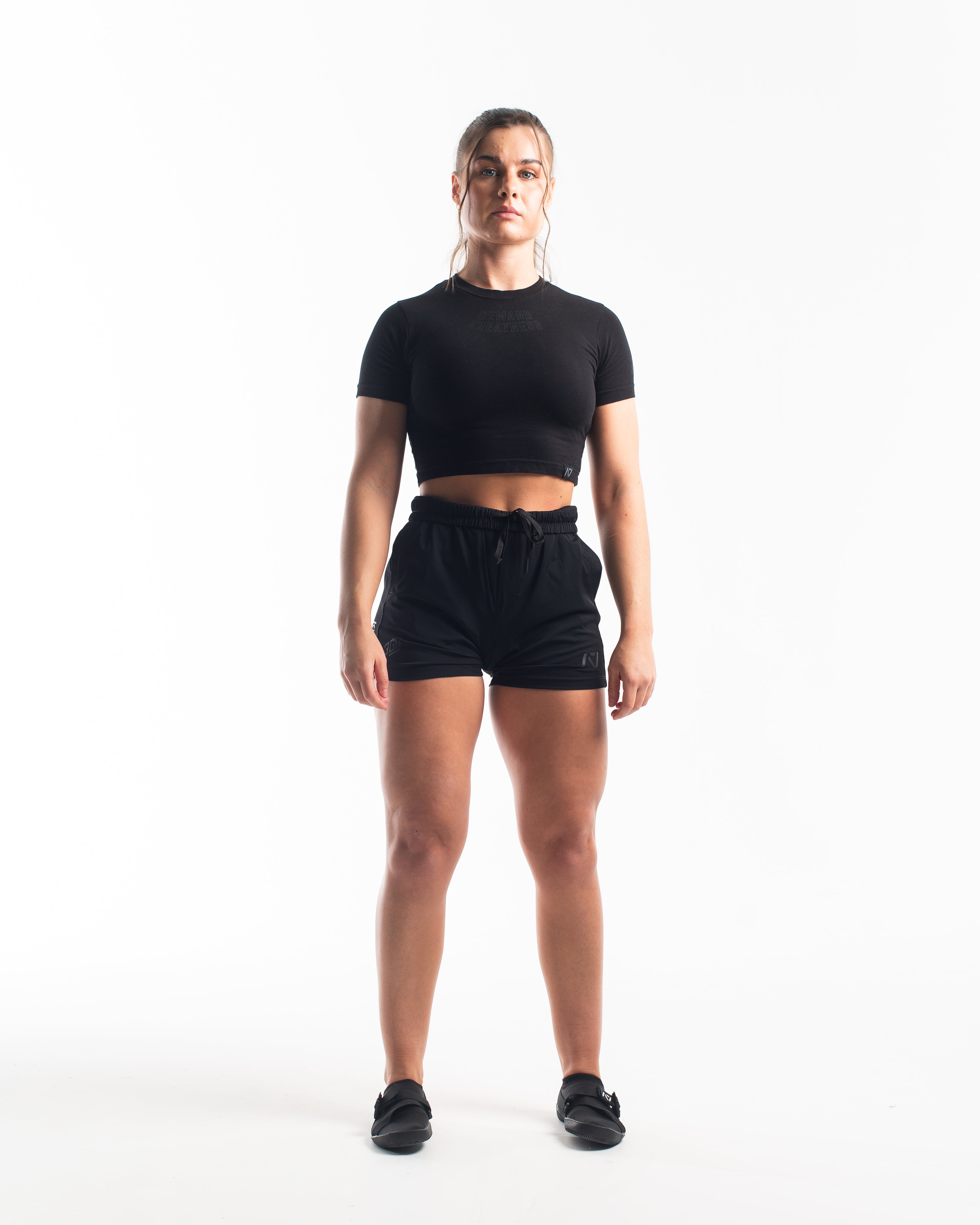 Front view of A7 360Go 1Z KWD Shorts in Stealth, showcasing matte black design, built-in liner, and wide waistband.
