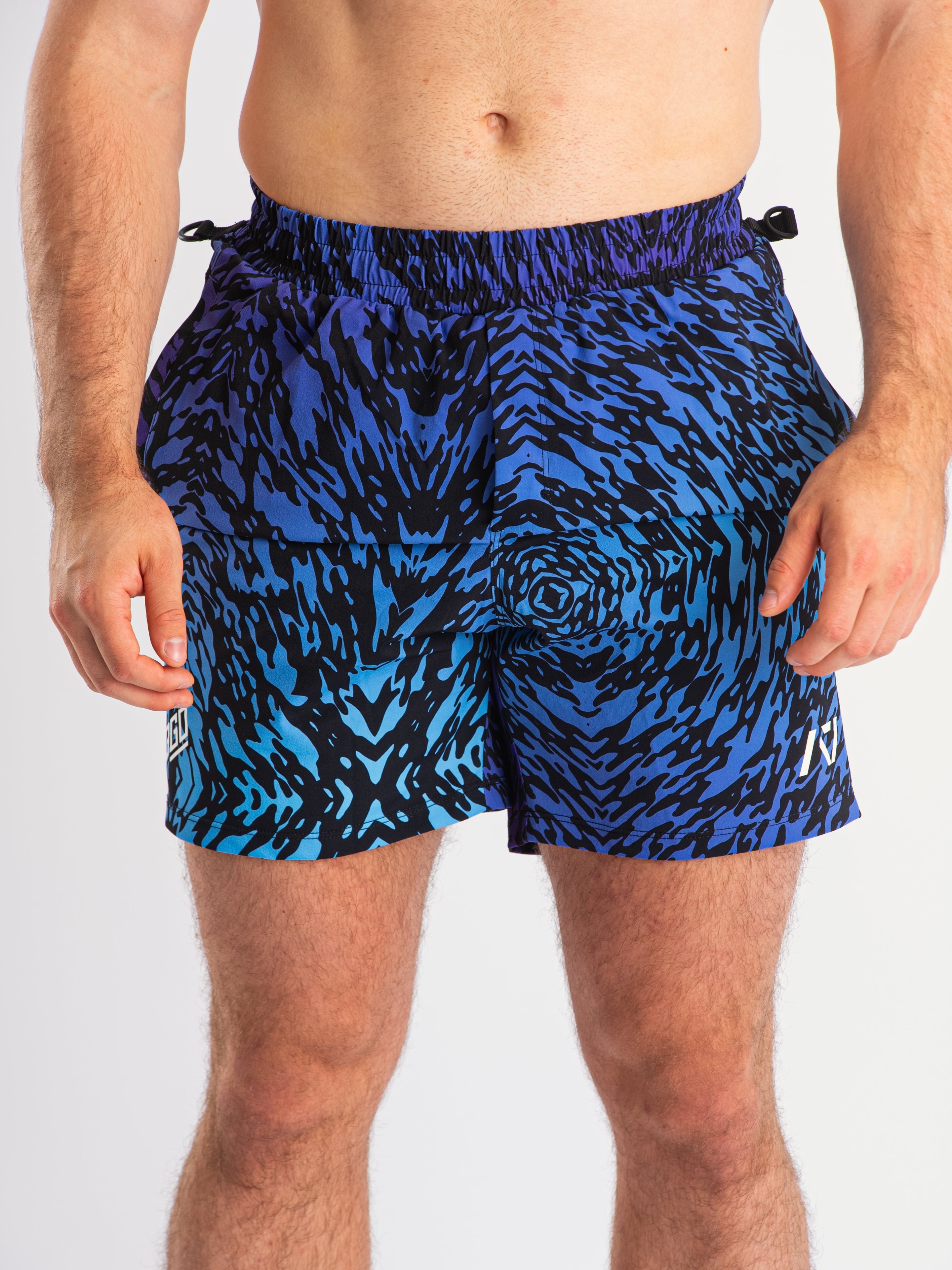 Front view of A7 360Go 1Z KWD Shorts in Violet Tiger, showing bold print, wide waistband, and built-in liner.
