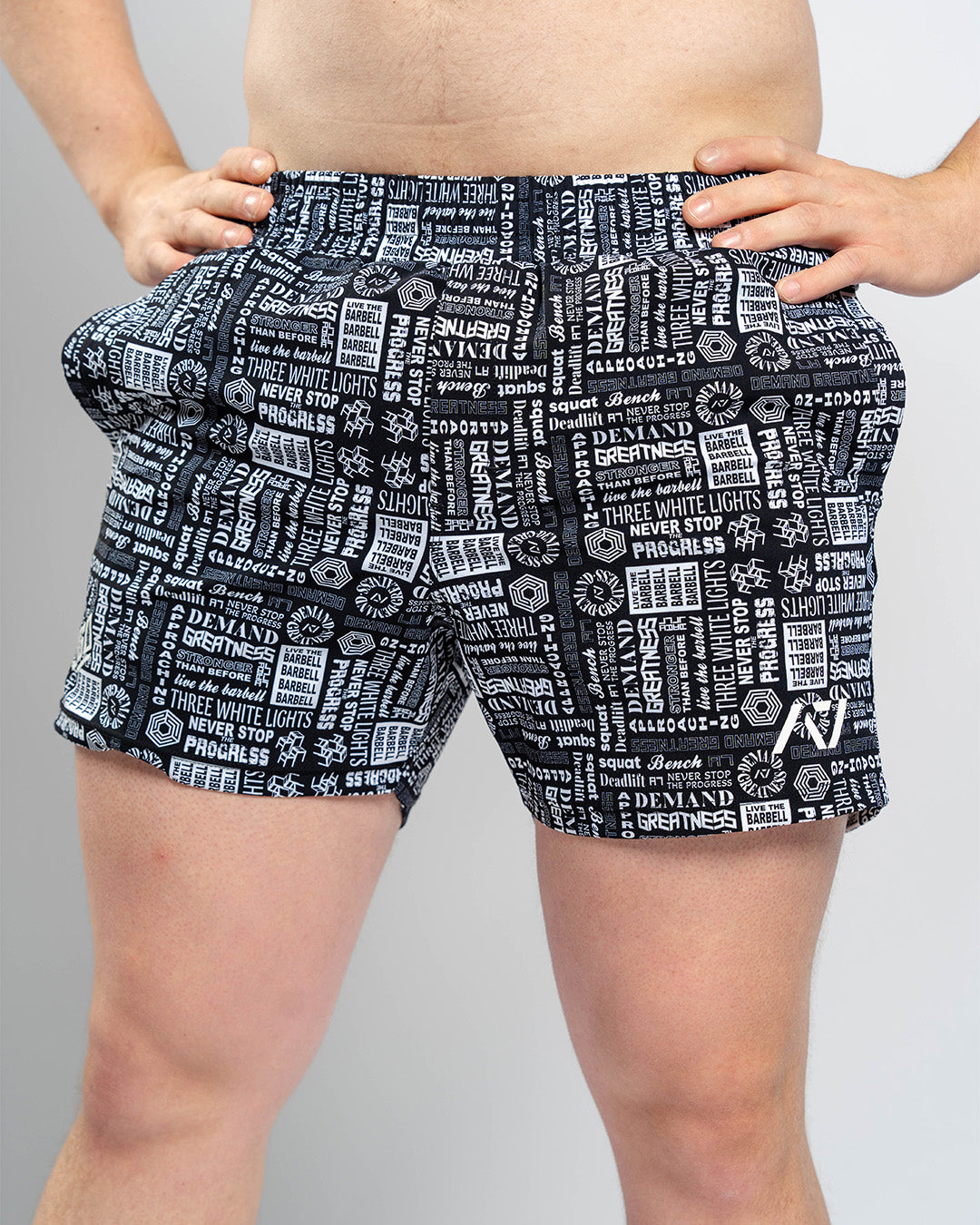 Front view of A7 360Go 1Z Shorts – Affirmation, showing athletic cut, built-in liner, and wide waistband.