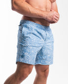 Side profile of Slate Blue 360Go 1Z Shorts highlighting stretch fabric and performance fit.