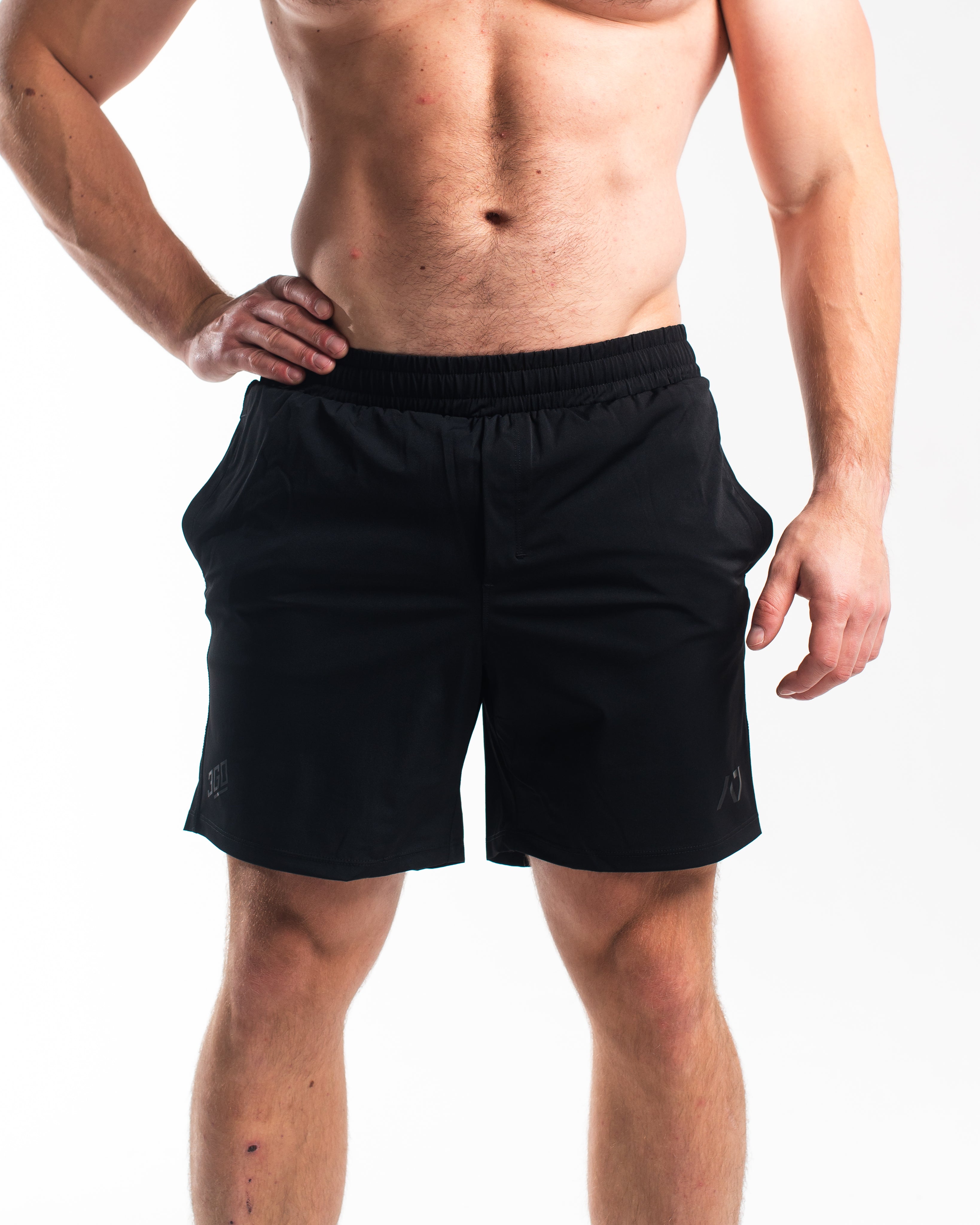 Front view of A7 360Go 1Z Shorts in Stealth, featuring all-black design, wide waistband, and athletic fit.
