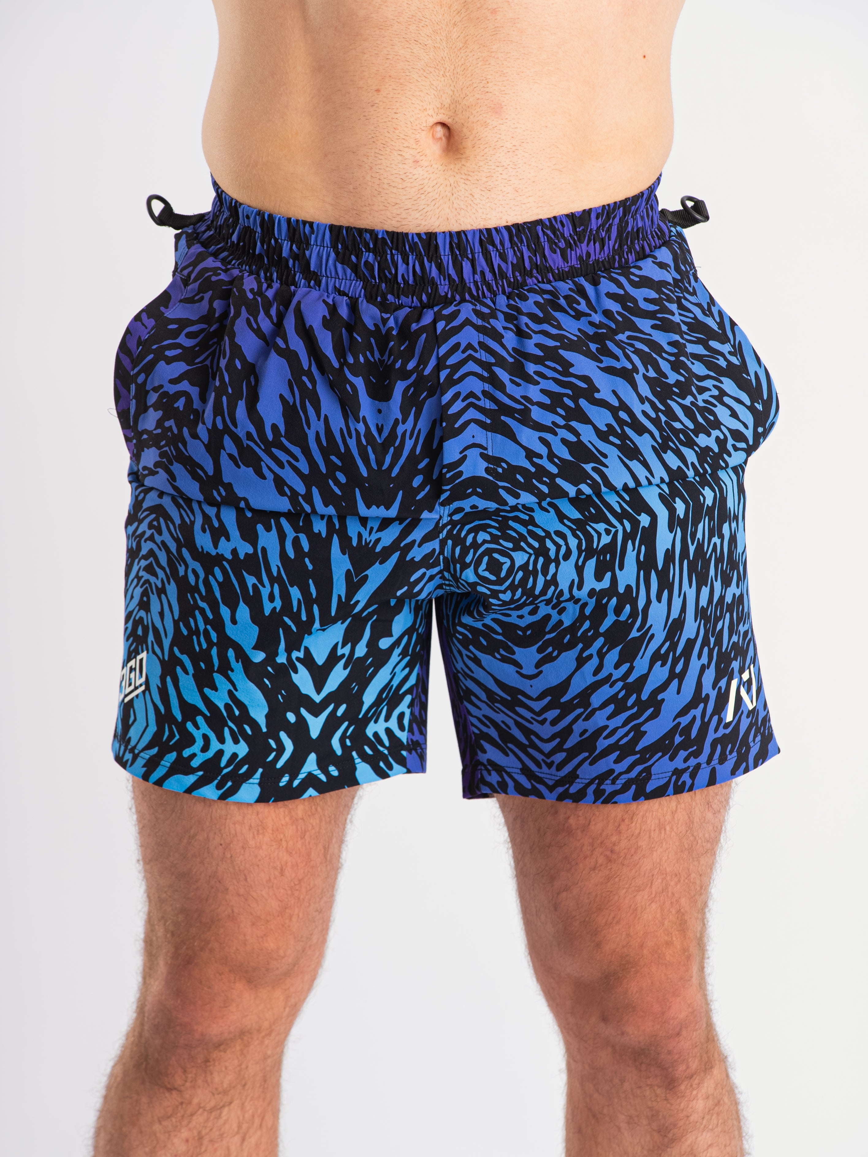 Front view of A7 360Go 1Z Shorts in Violet Tiger, showcasing bold print, athletic cut, and supportive waistband.