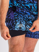 Detailed shot of the flexible built-in liner and outer stretch fabric in Violet Tiger shorts for unrestricted movement and comfort.