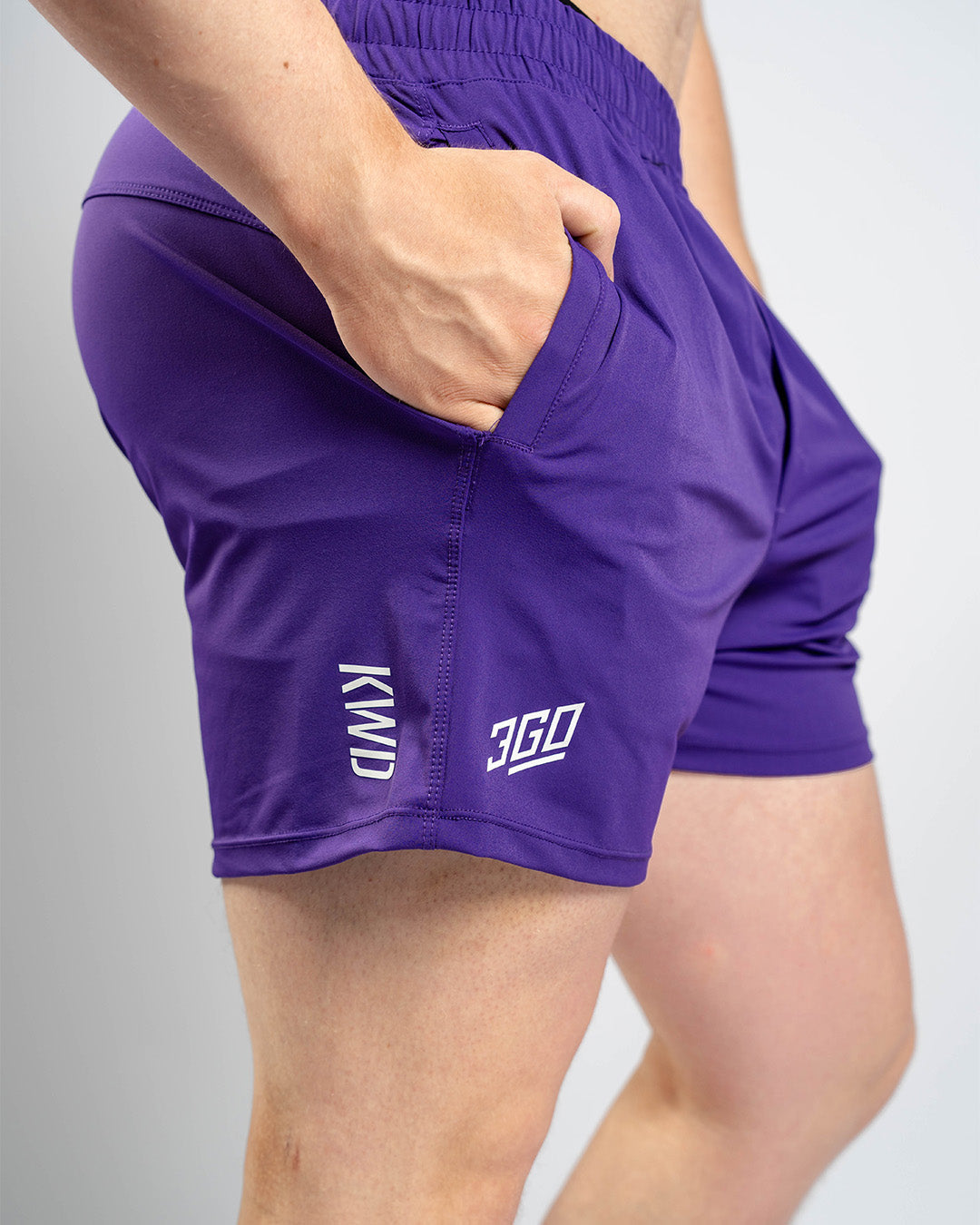 Matte silicone A7 logos on Purple 360Go Shorts for subtle, durable branding.