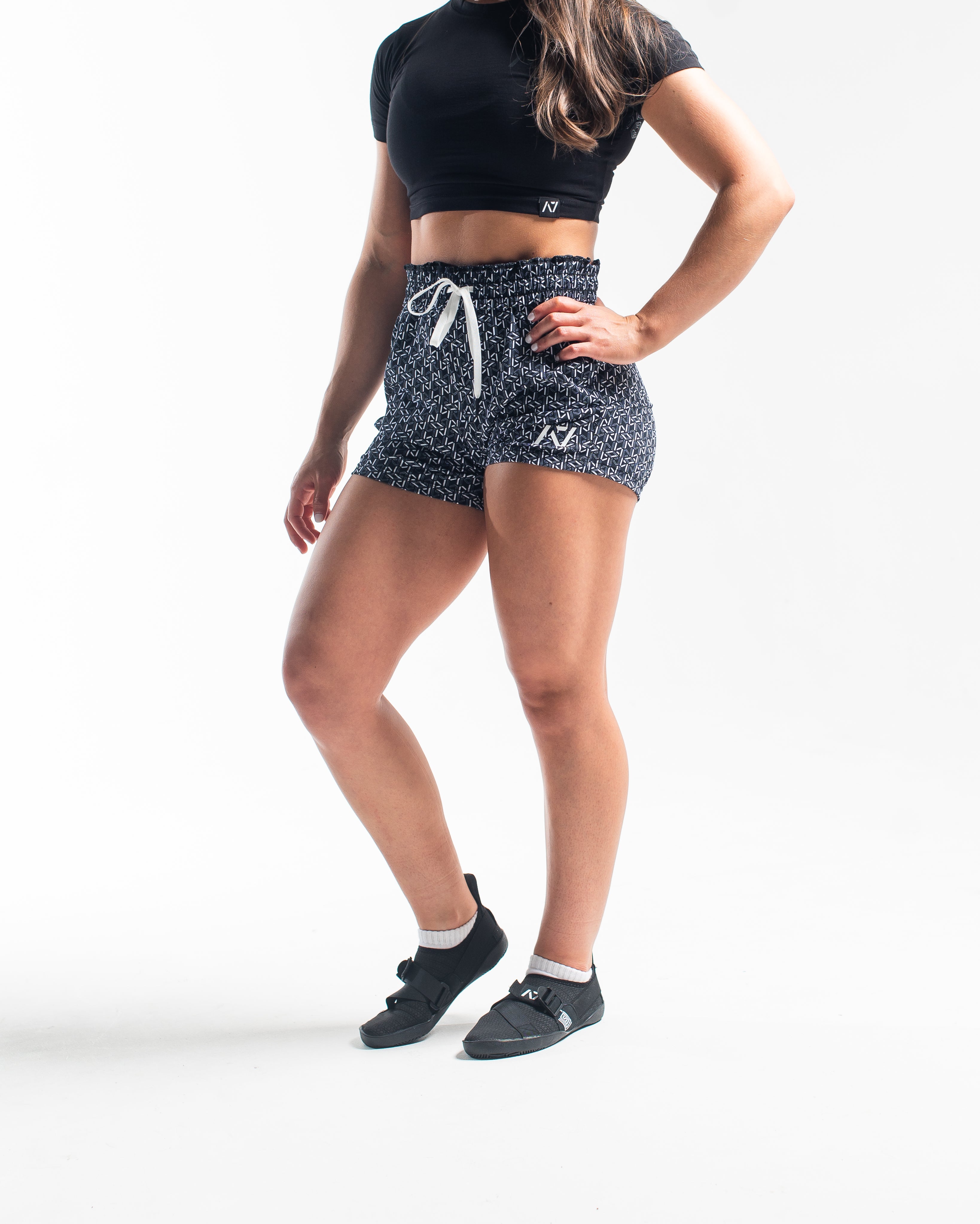 Wide waistband with A7-branded drawstrings on Stelacrosha Black 360Go Shorts for a locked-in, no-slip fit.