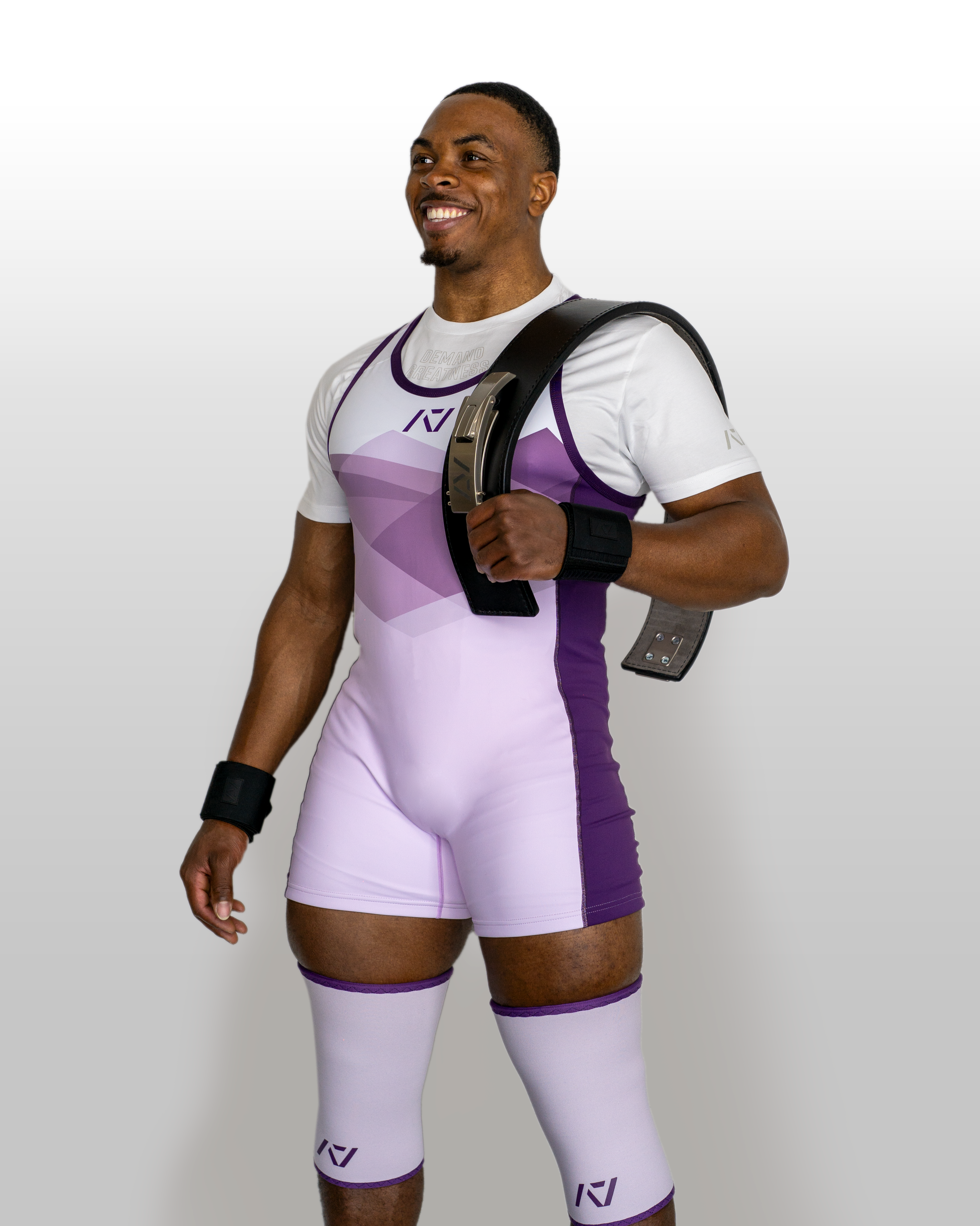 Front shot of Rausch Singlet - Lavender & Hourglass Knee Sleeves Lavender on male model.