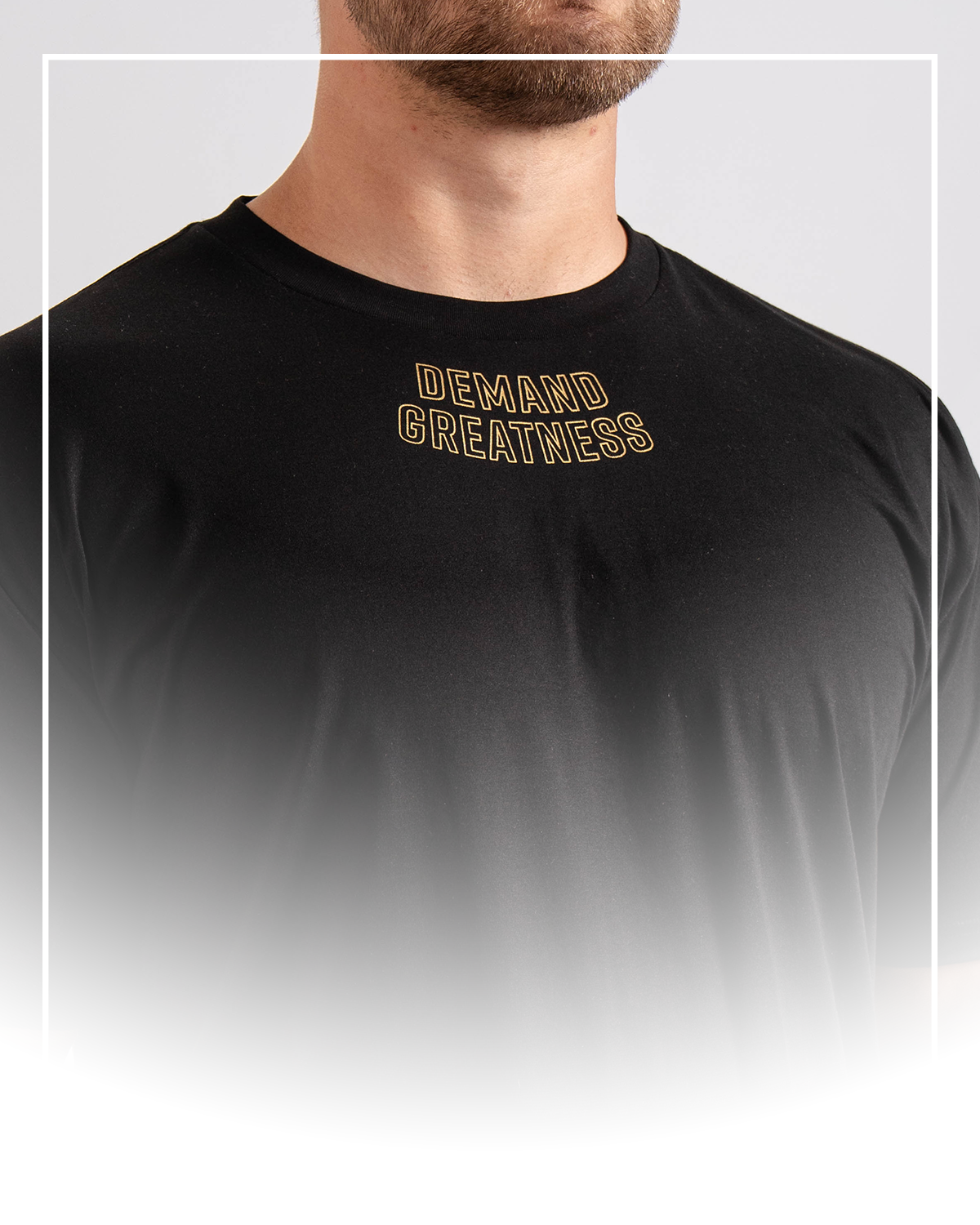 Male model wearing gold standard meet shirt