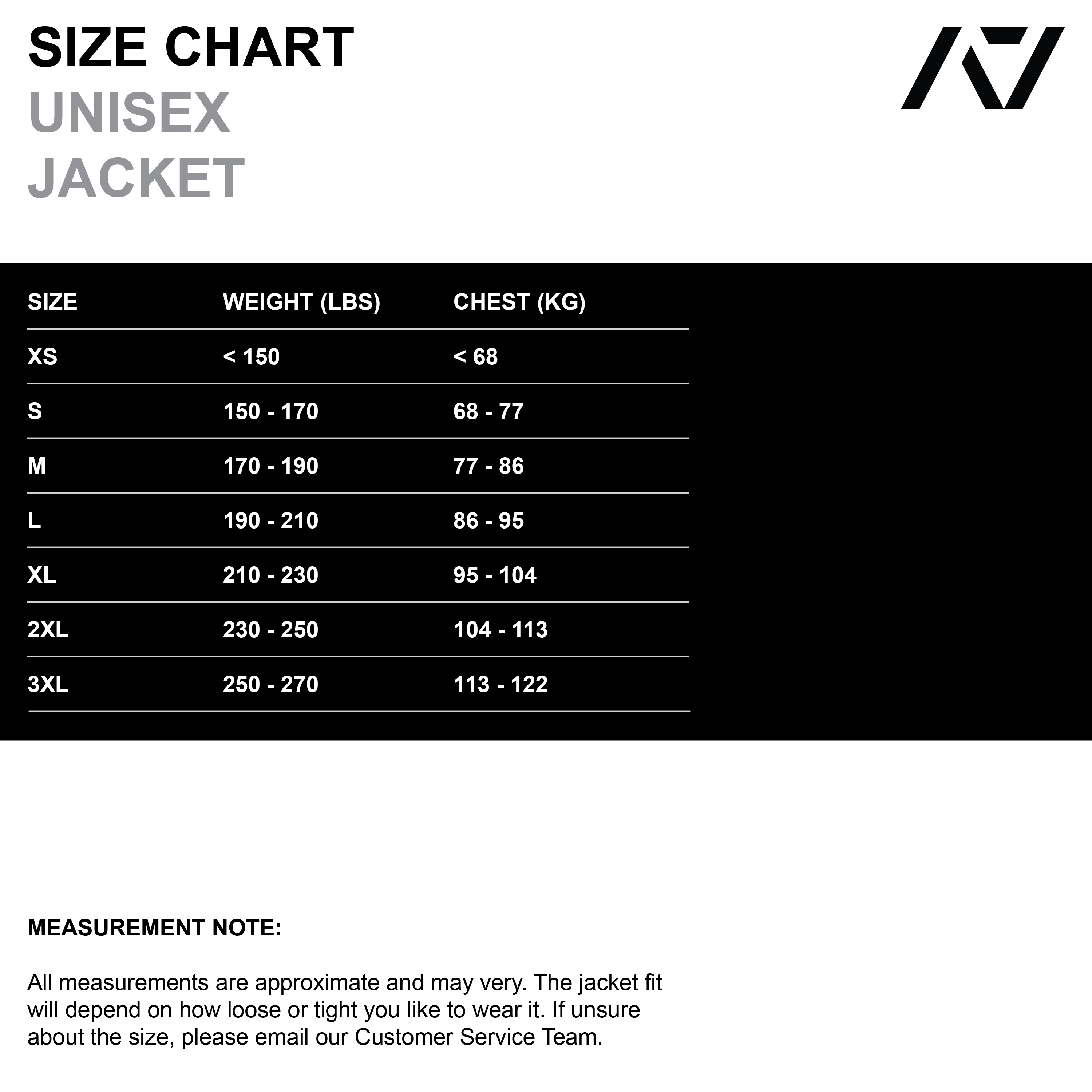 UNISEX Jacket Size Chart 240105