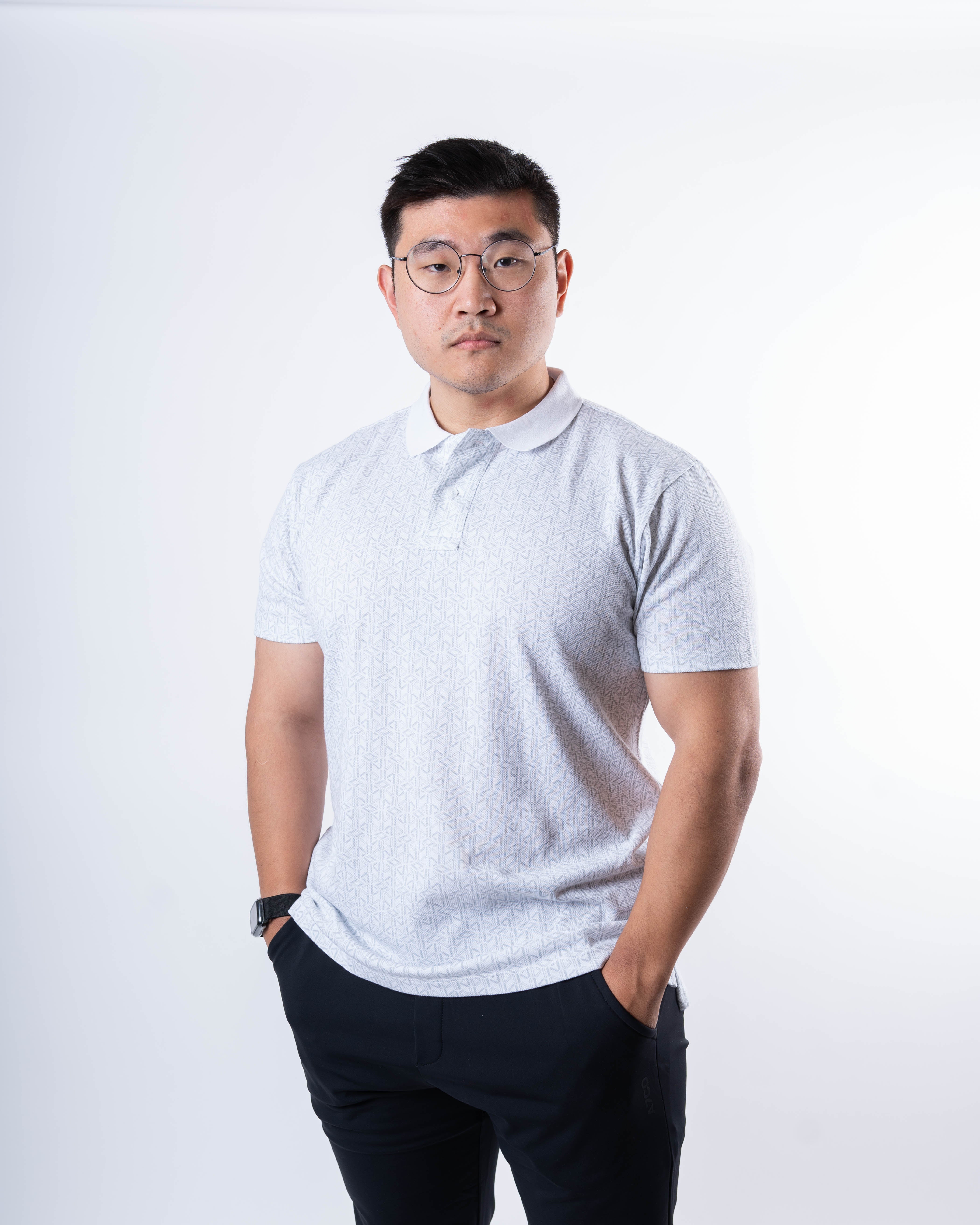 Front view of A7 Cotton Polo in Stelacrosha Gray, showcasing athletic fit and unique pattern.