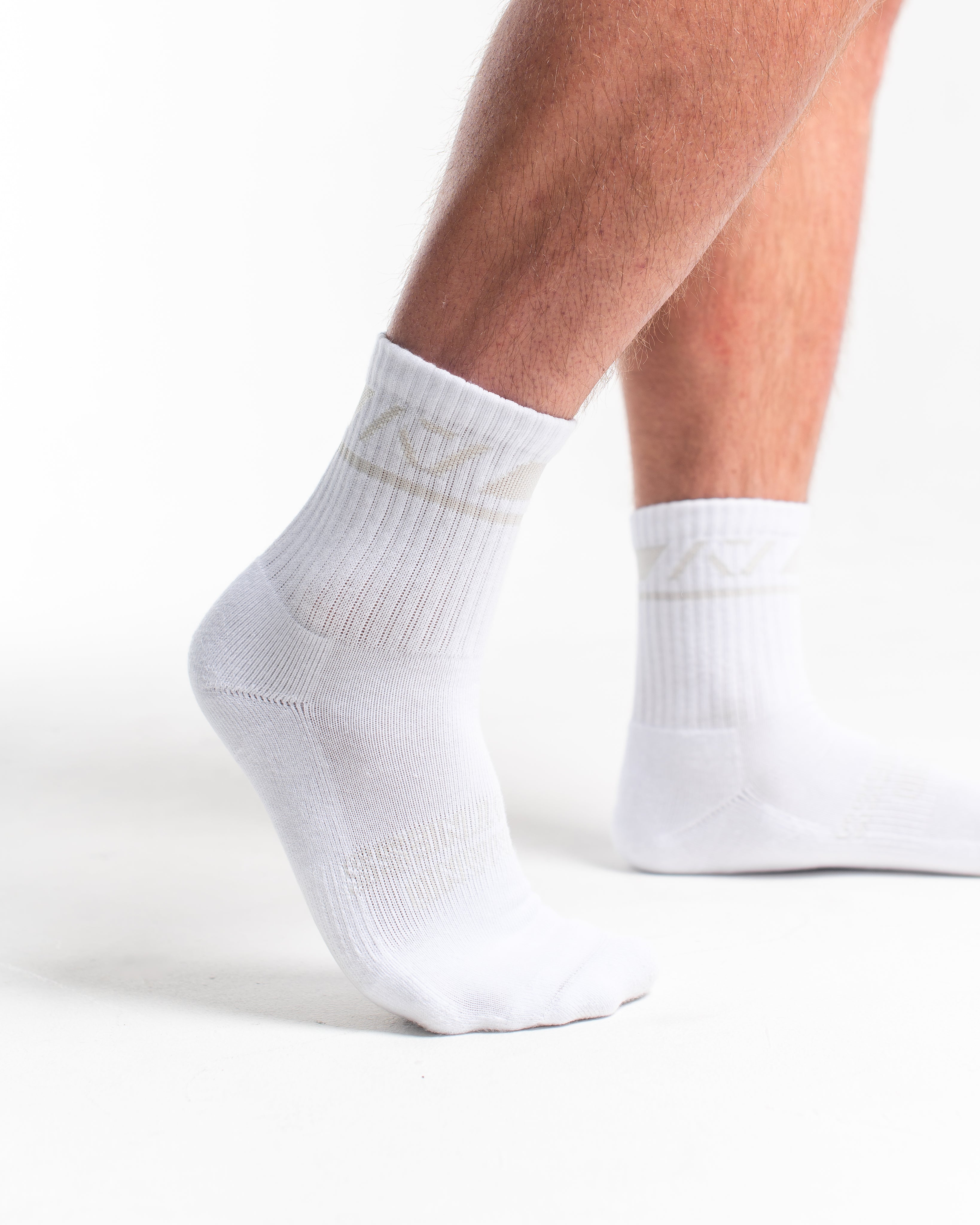 Close-up of the knit fabric on A7 Crew Socks in Polar, showing texture and stitching details.