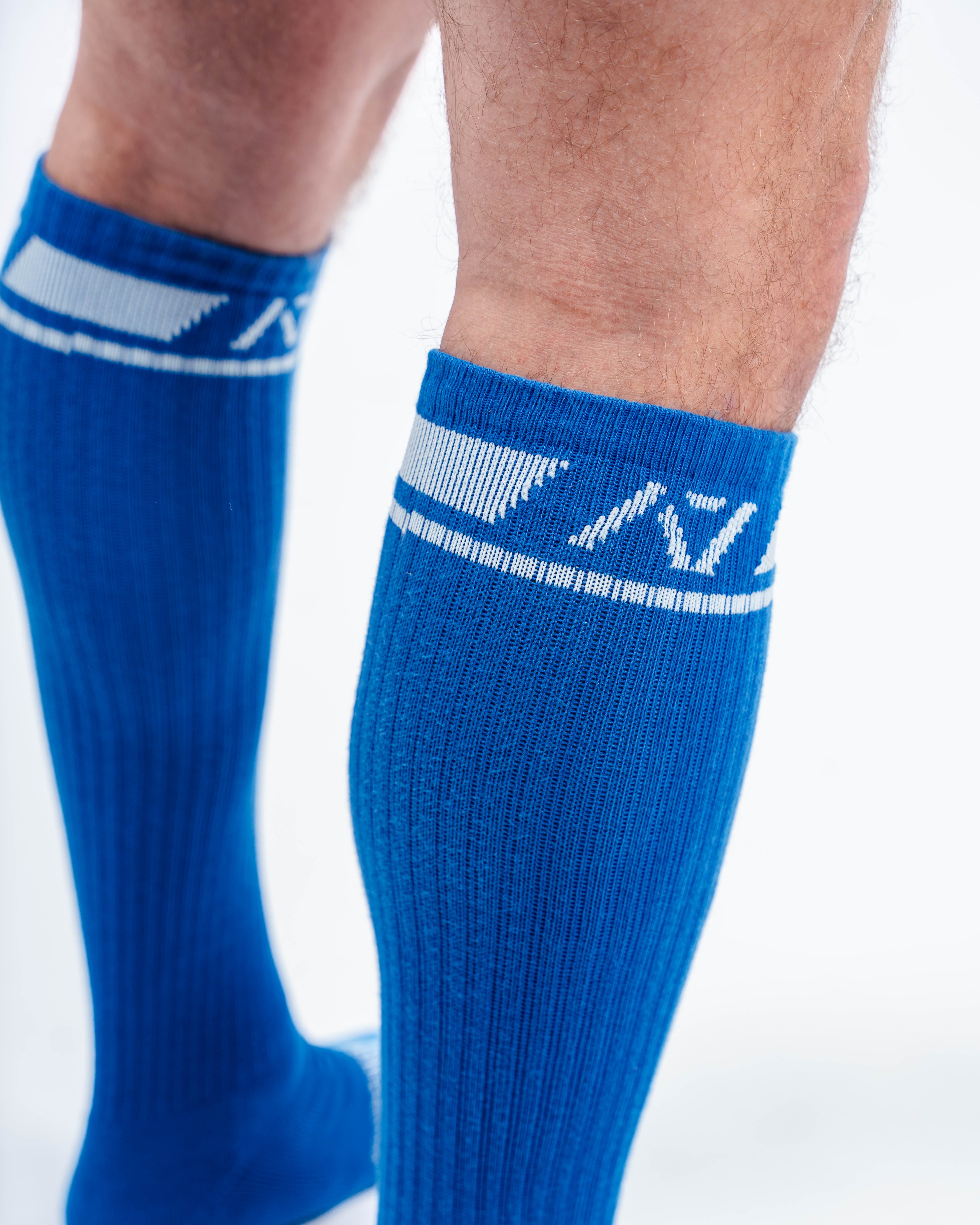 Close-up of the knit fabric on A7 Deadlift Socks in Cyanite, showing texture and stitching details.