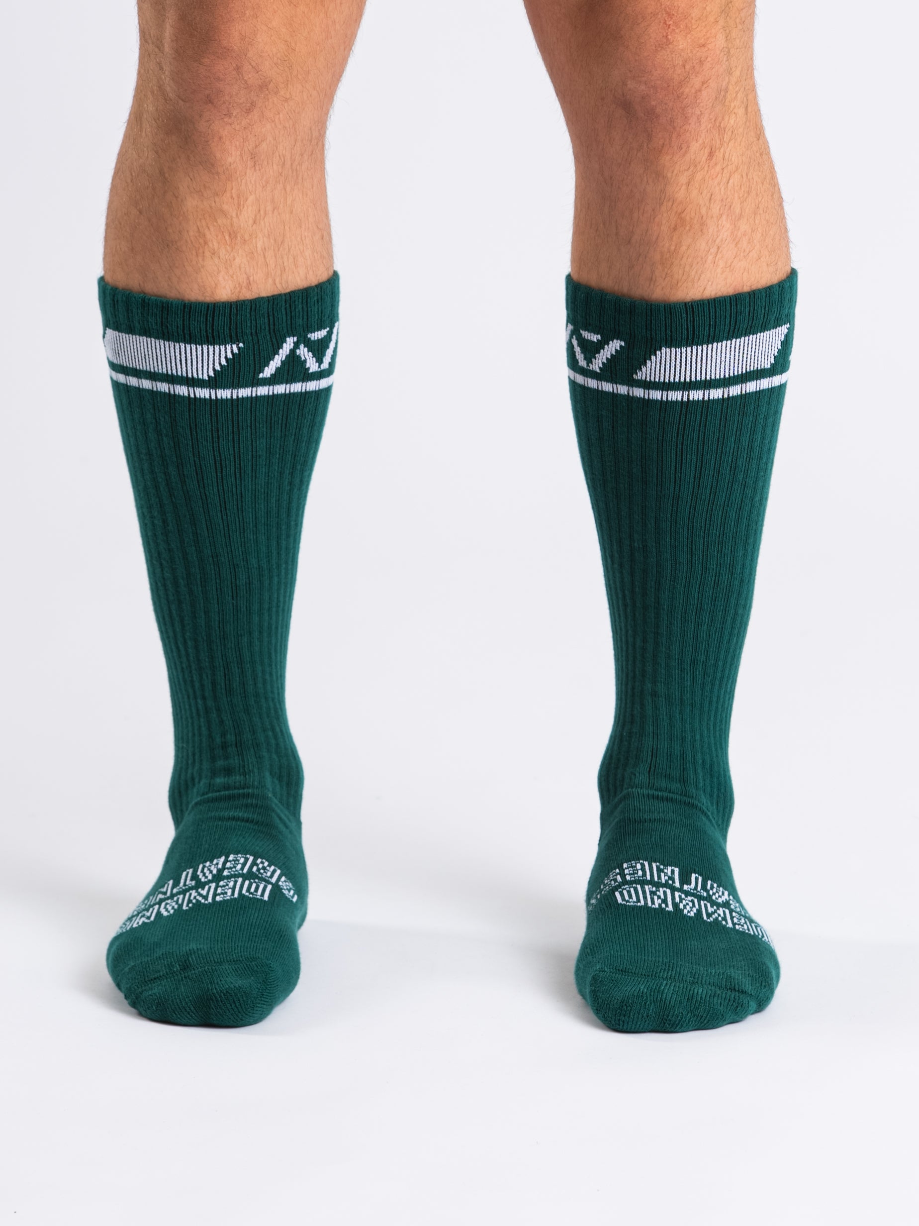 Front view of A7 Deadlift Socks in Emerald Forás, showcasing mid-shin length and ribbed cuff design.