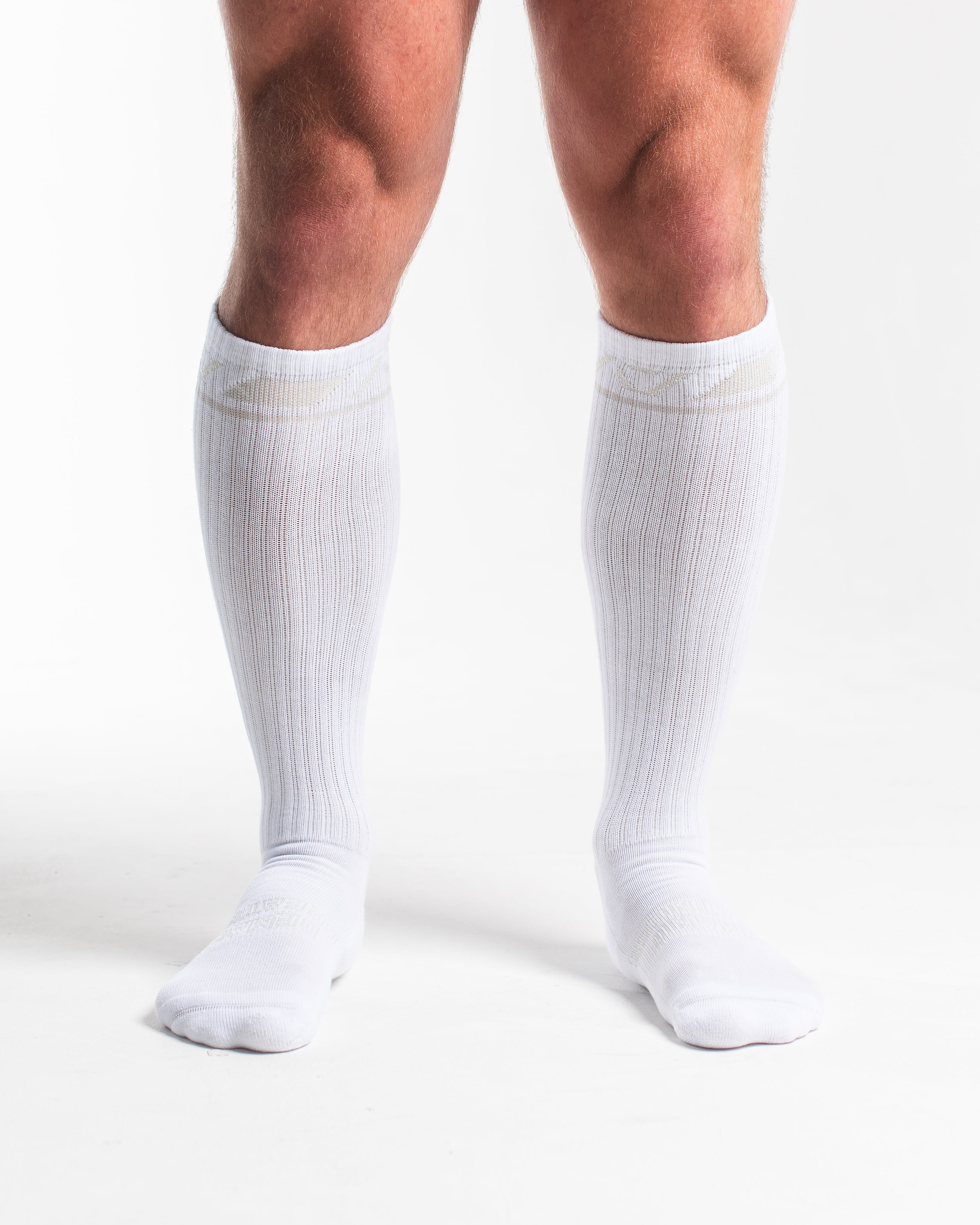 Front view of A7 Deadlift Socks in Polar, showcasing knee-high length and ribbed cuff design.