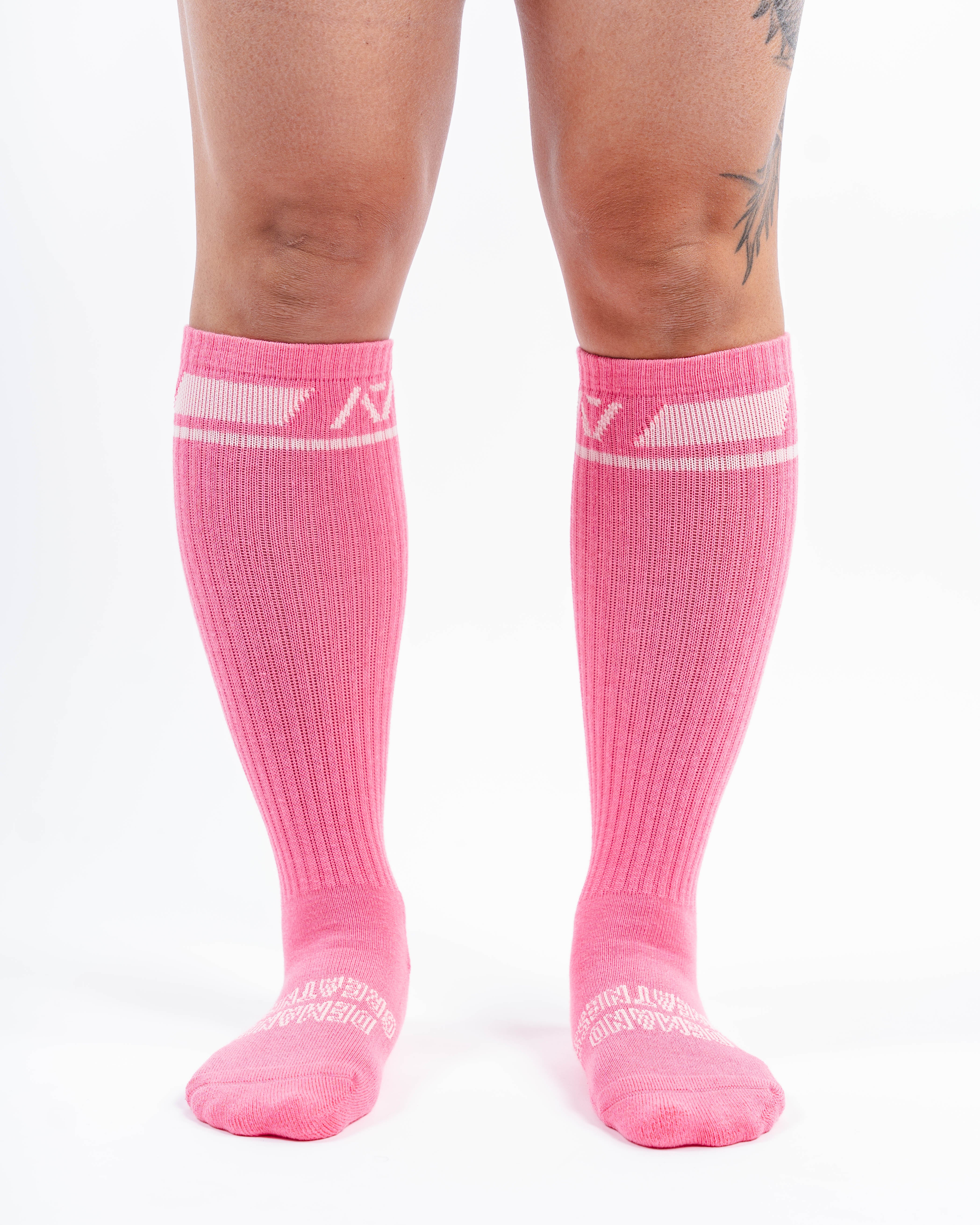 Front view of A7 Deadlift Socks – Roseite showing mid-shin length and ribbed cuff.