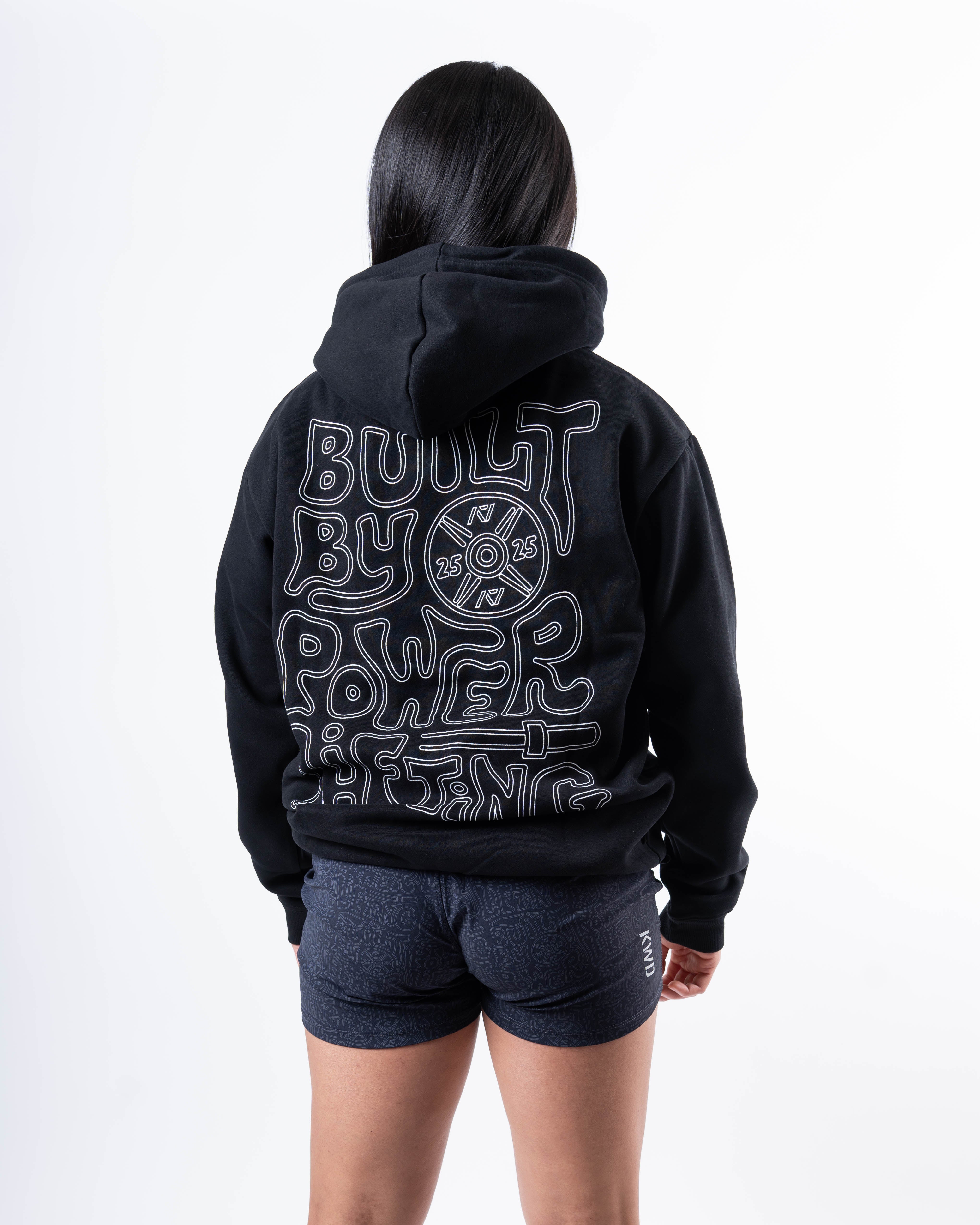 Back view of A7 Built By Hoodie in black, showcasing "Built By Powerlifting" design.