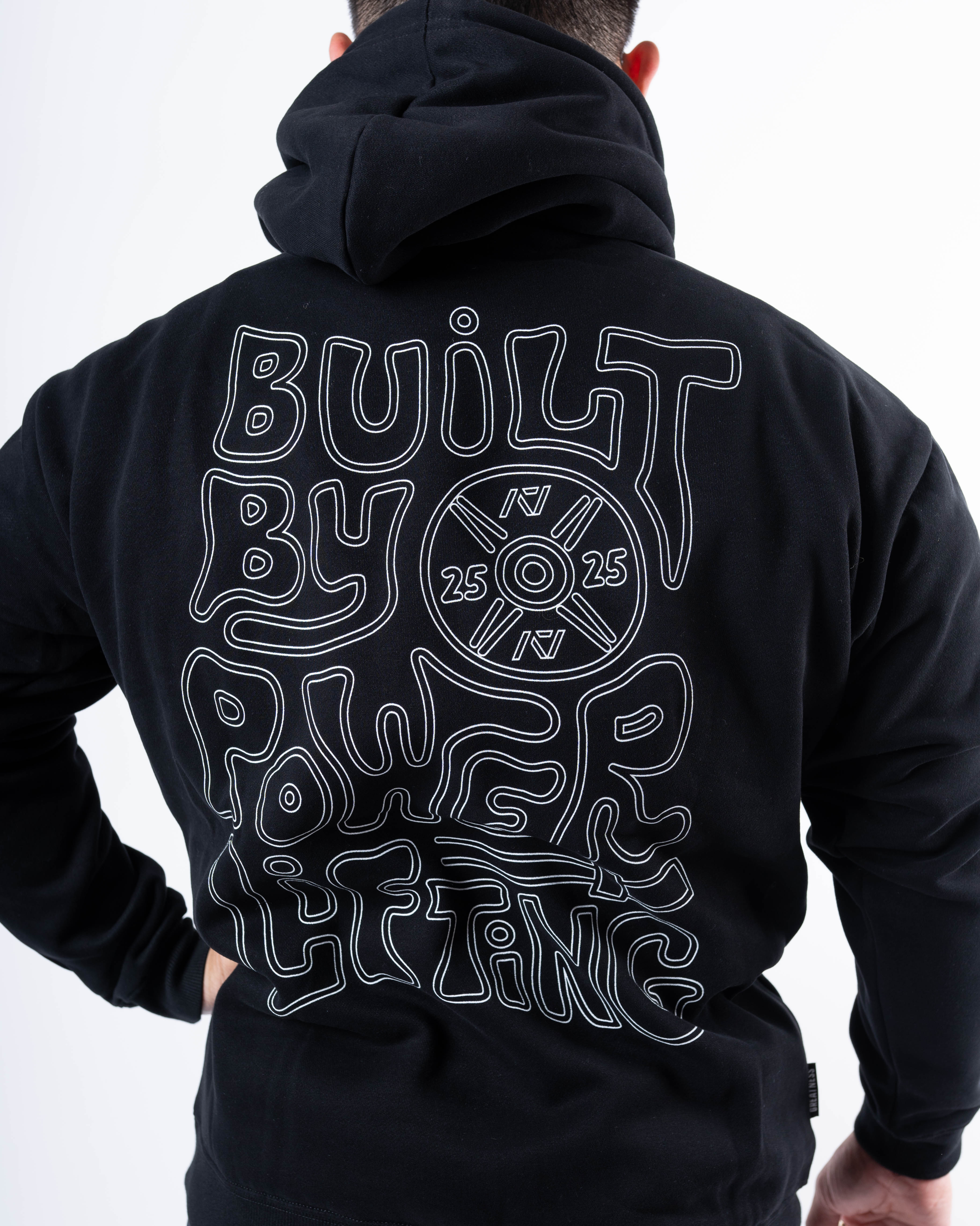Back view of A7 Built By Hoodie in black, showcasing "Built By Powerlifting" design.