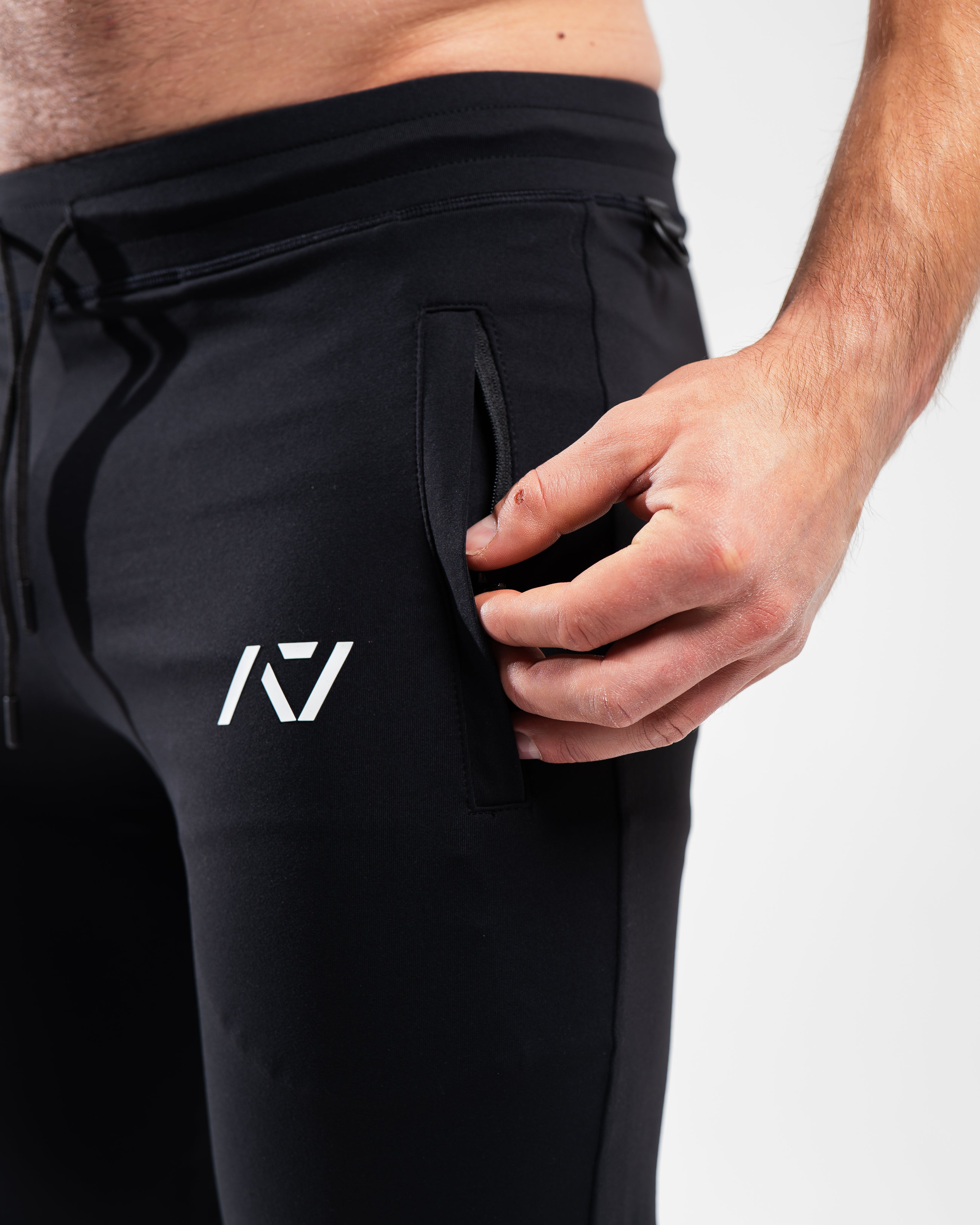 Close-up of front zippered pocket and moisture-wicking stretch fabric.