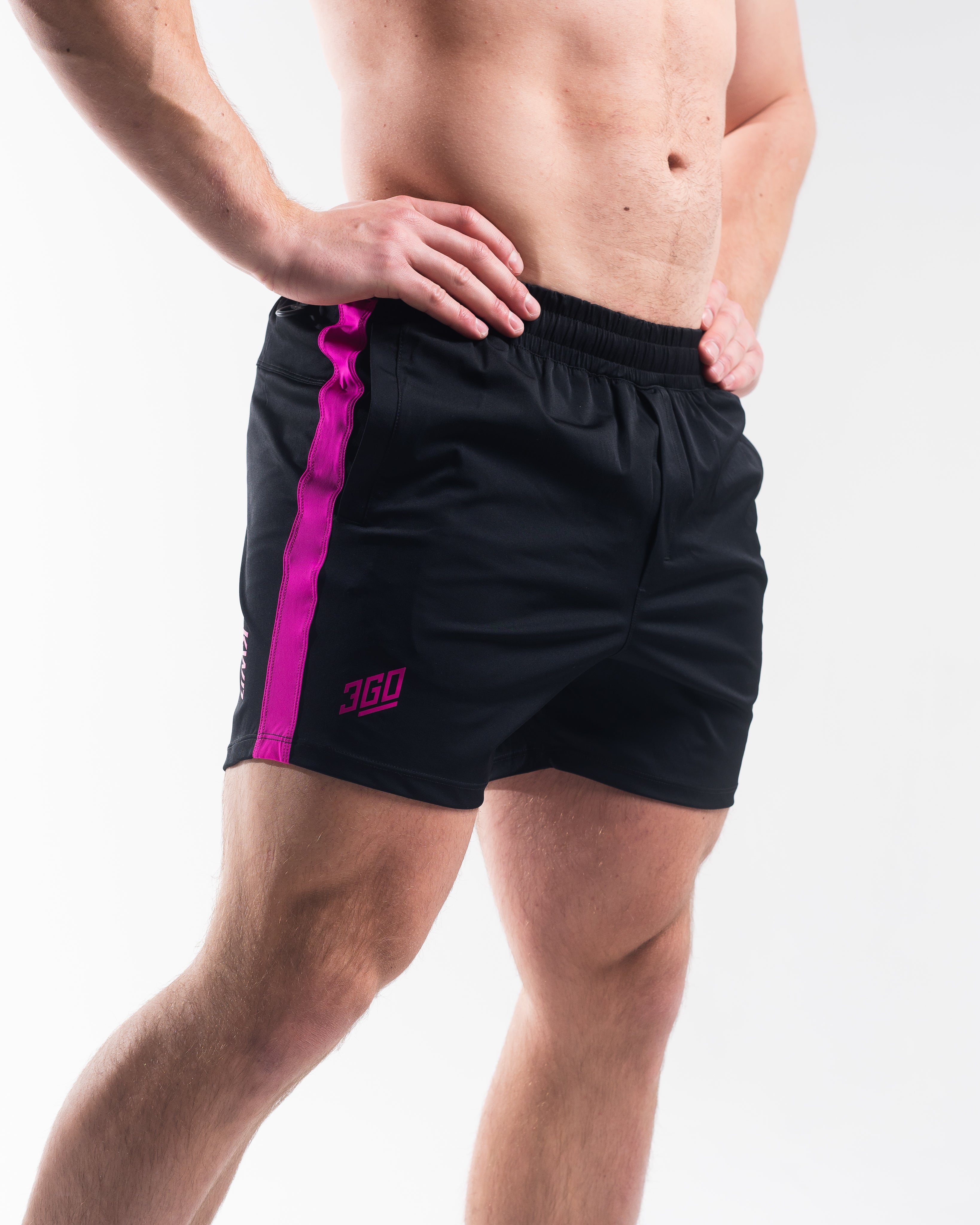 Front view of A7 360Go KWD Shorts in Flamingo, showing bold pink color, wide waistband, and athletic fit.