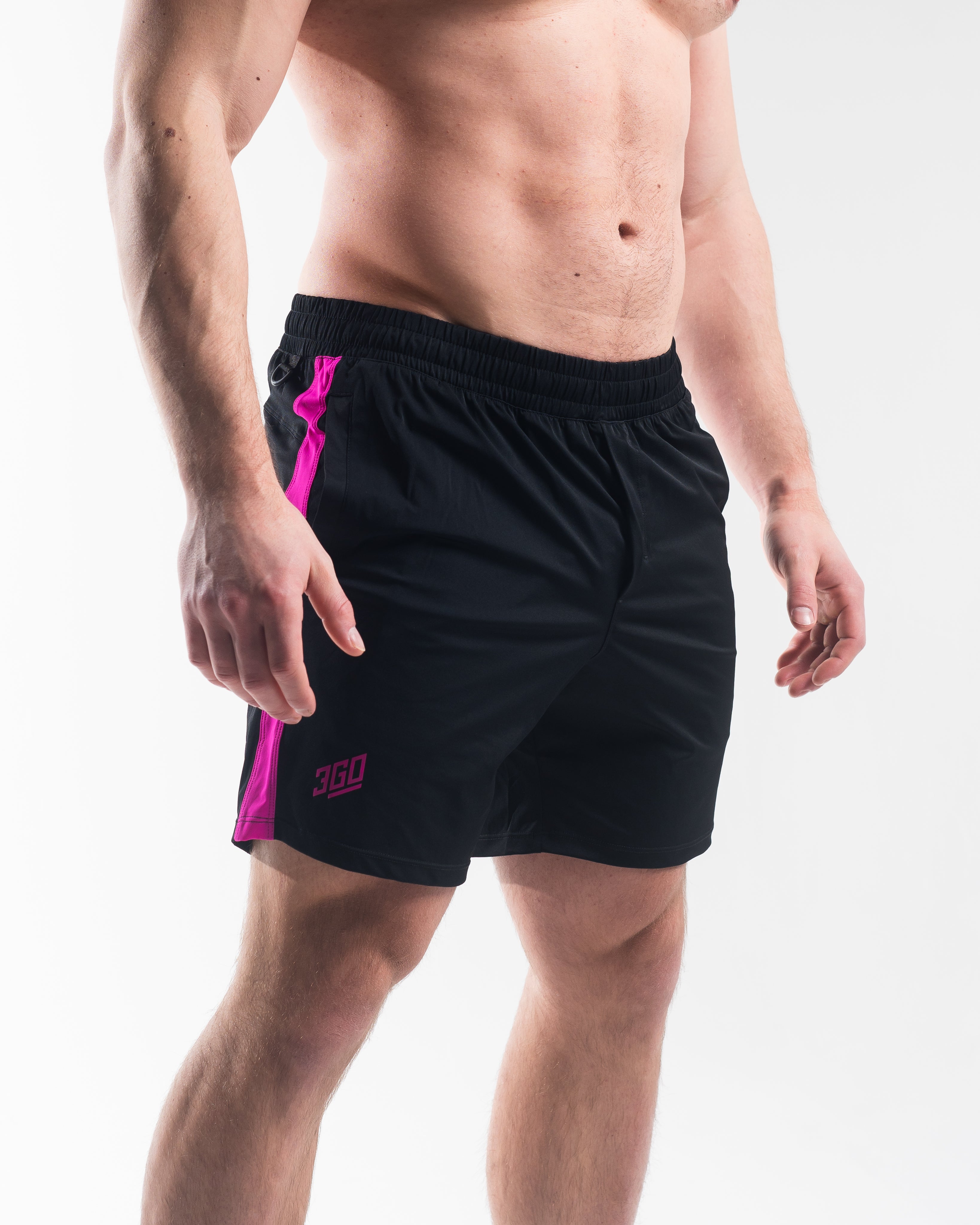 Front view of A7 360Go Shorts in Flamingo pink, Regular inseam, featuring bold color and performance waistband.