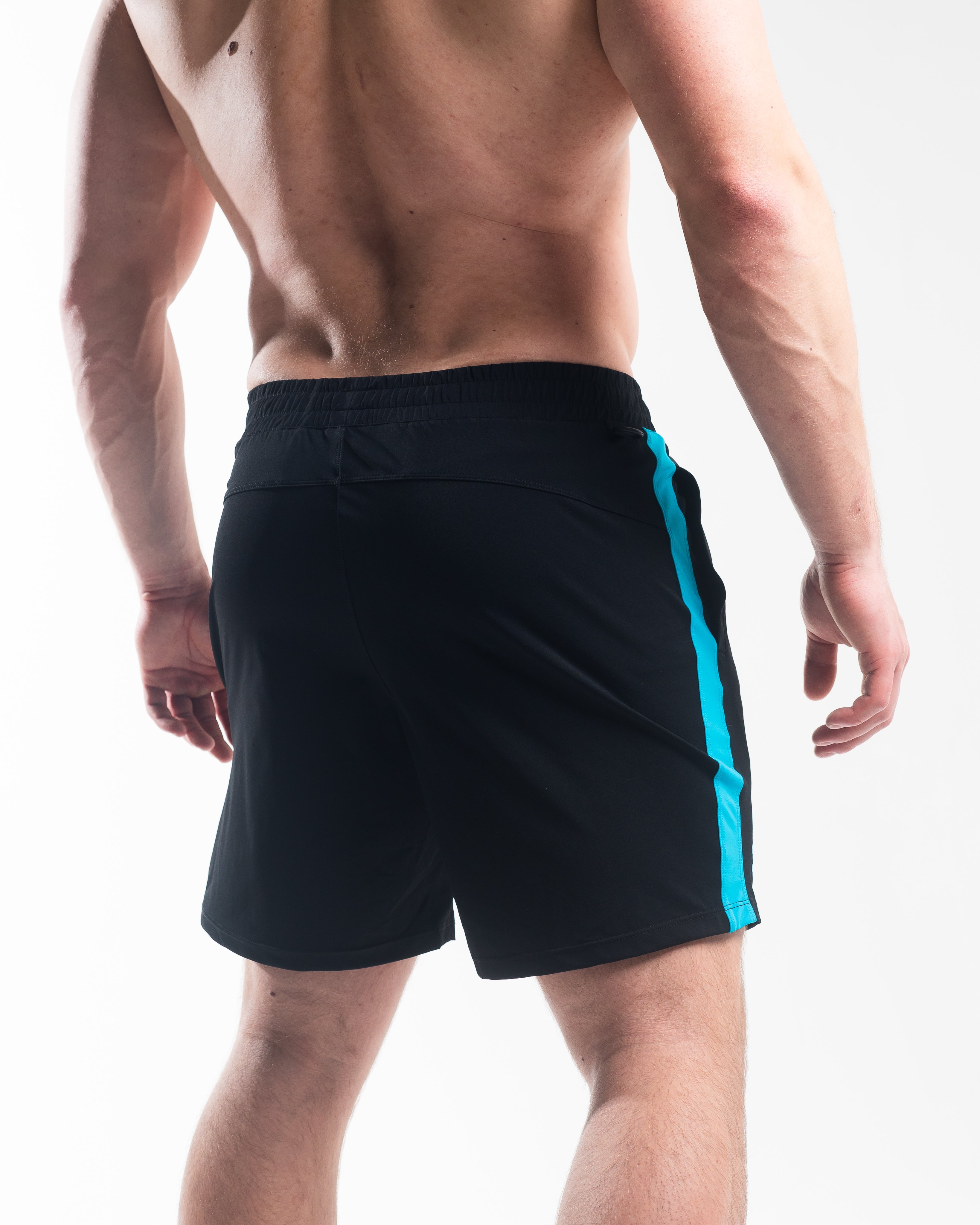 Rear view of A7 360Go KWD Shorts in Azul showing ripstop loop-through pockets and clean training silhouette.