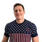 Front view of Americana Strongman Bar Grip Men's Shirt featuring patriotic design and full front grip.