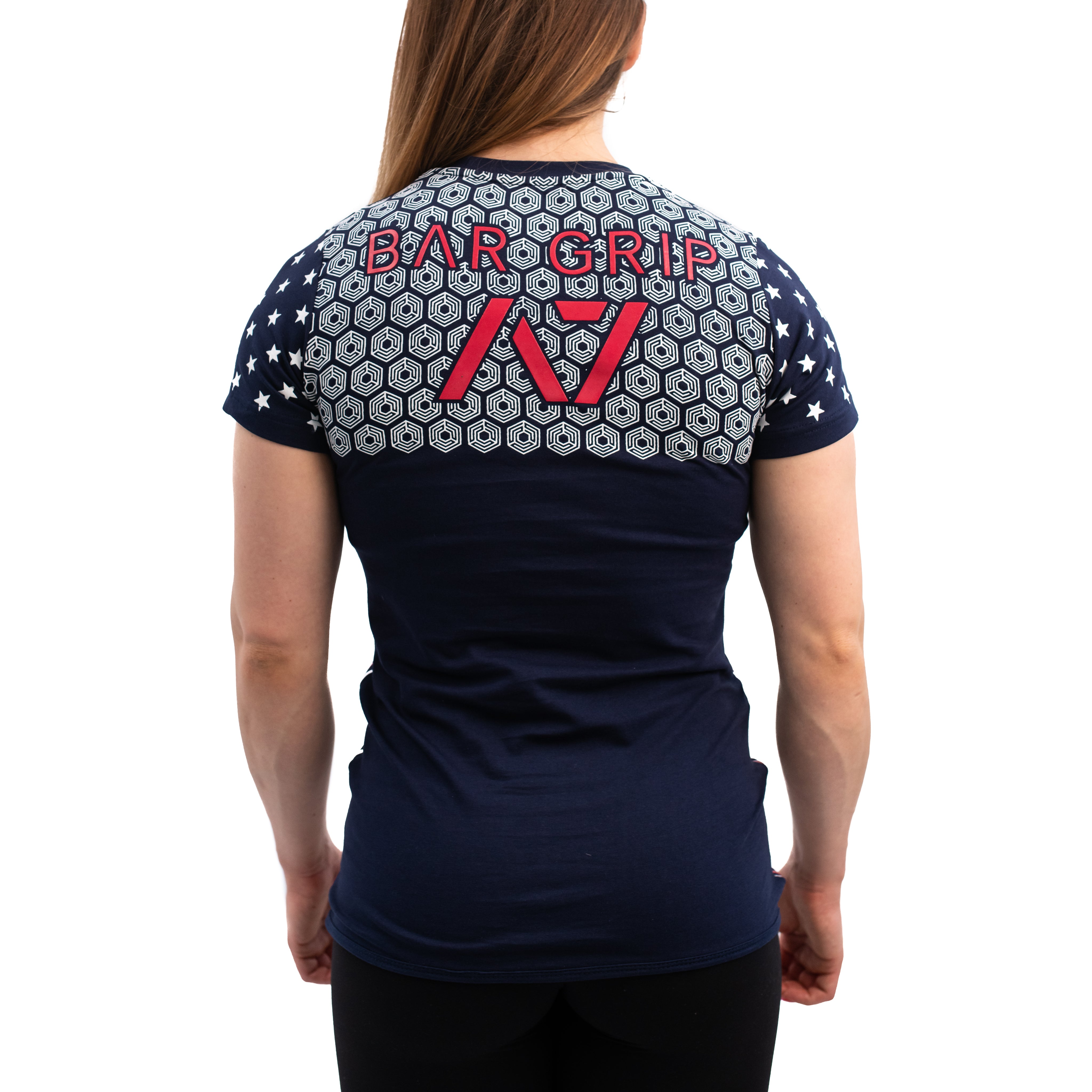 Back view of Americana Strongman Bar Grip Women's Shirt showcasing Bar Grip Premium technology.