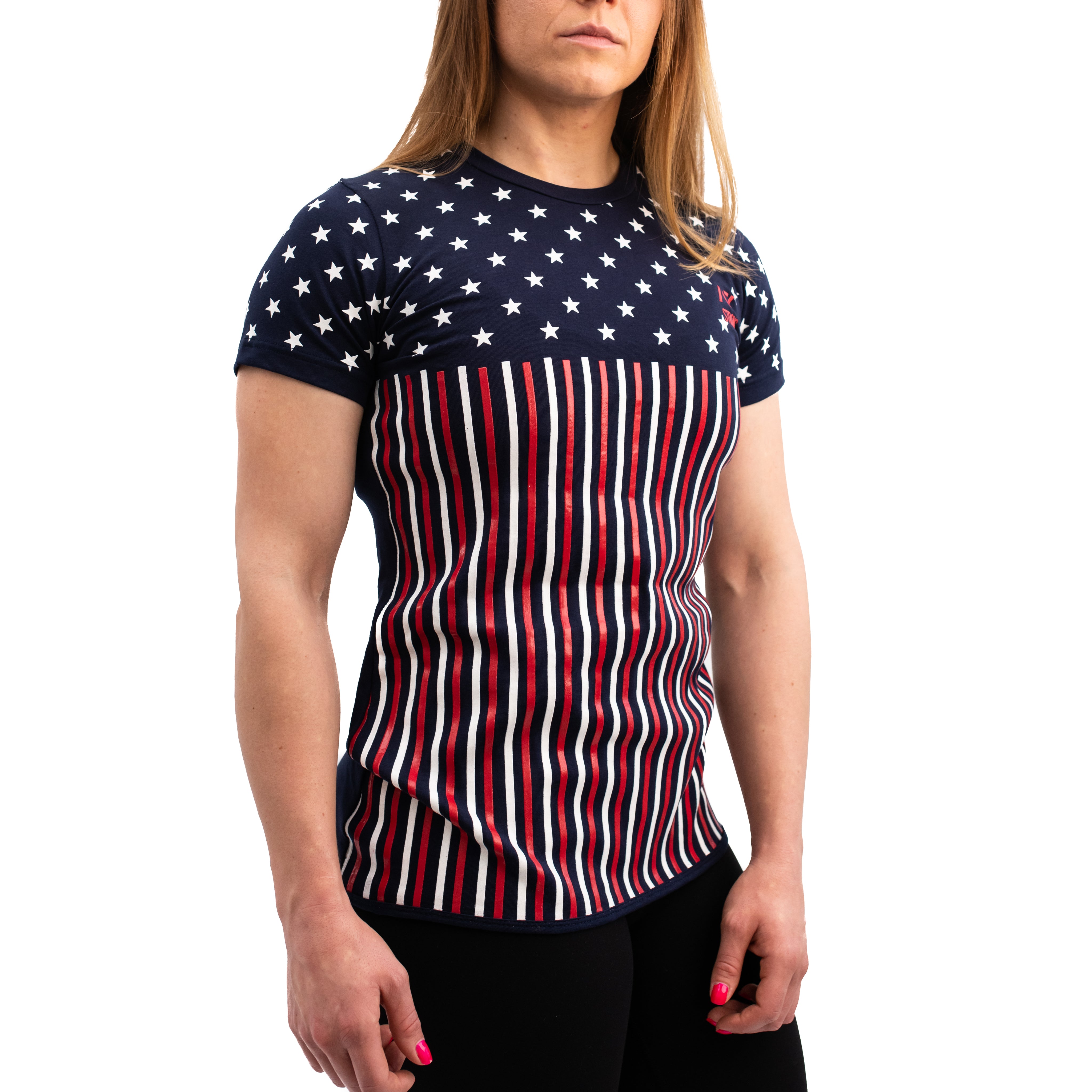 Front view of Americana Strongman Bar Grip Women's Shirt featuring patriotic design and full front grip.