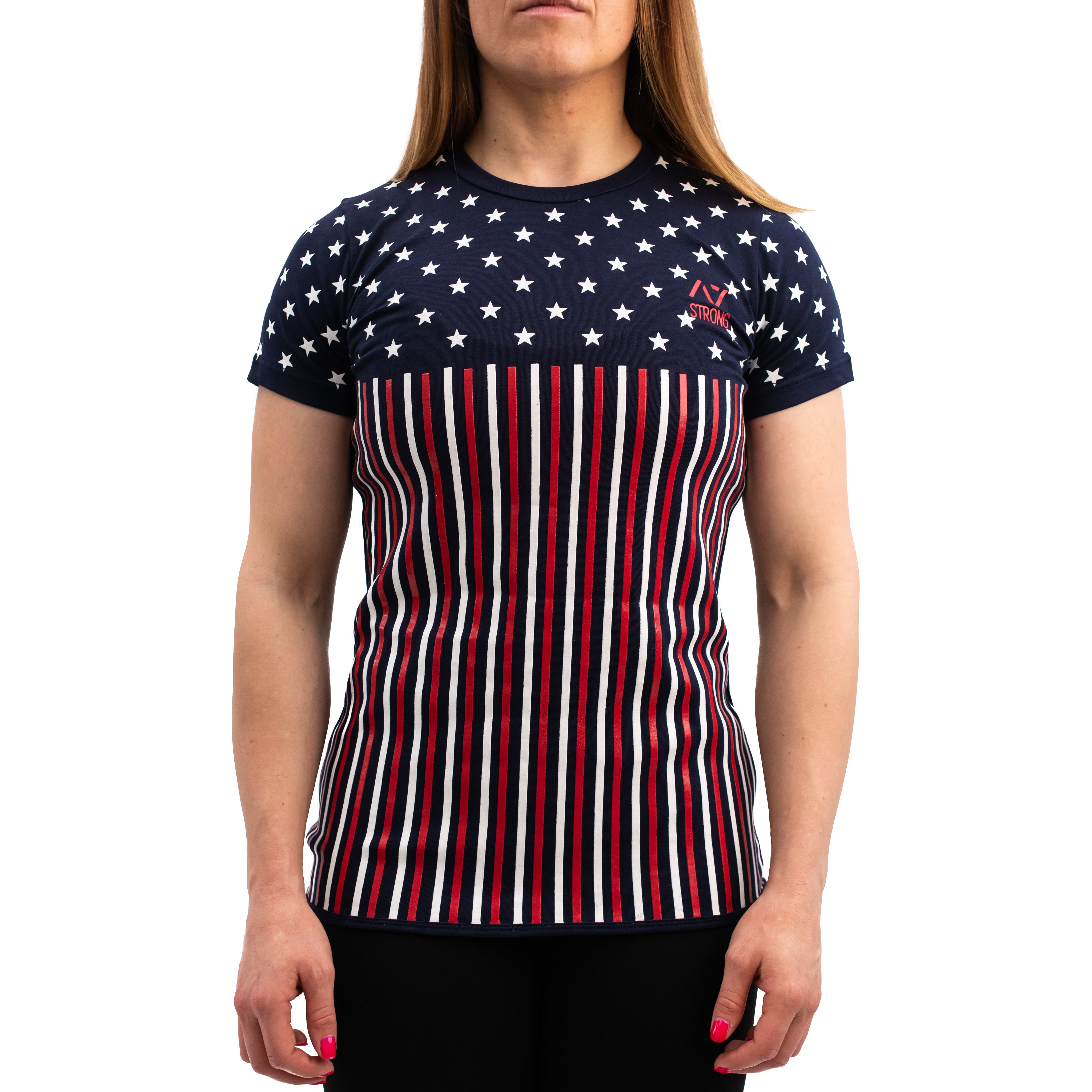 Front view of Americana Strongman Bar Grip Women's Shirt featuring patriotic design and full front grip.