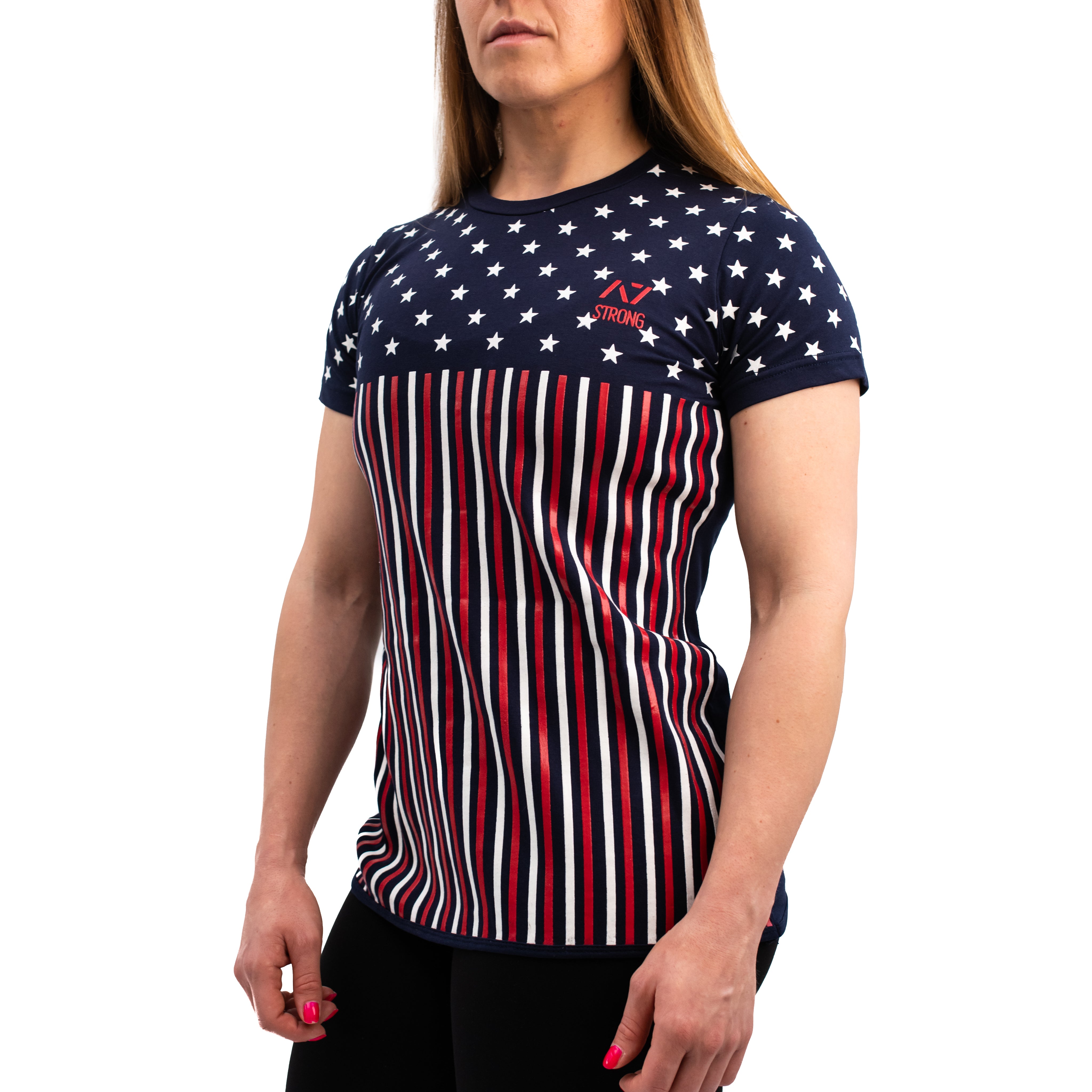 Side profile of Americana Strongman Bar Grip Women's Shirt highlighting tapered fit and sleeve grips.